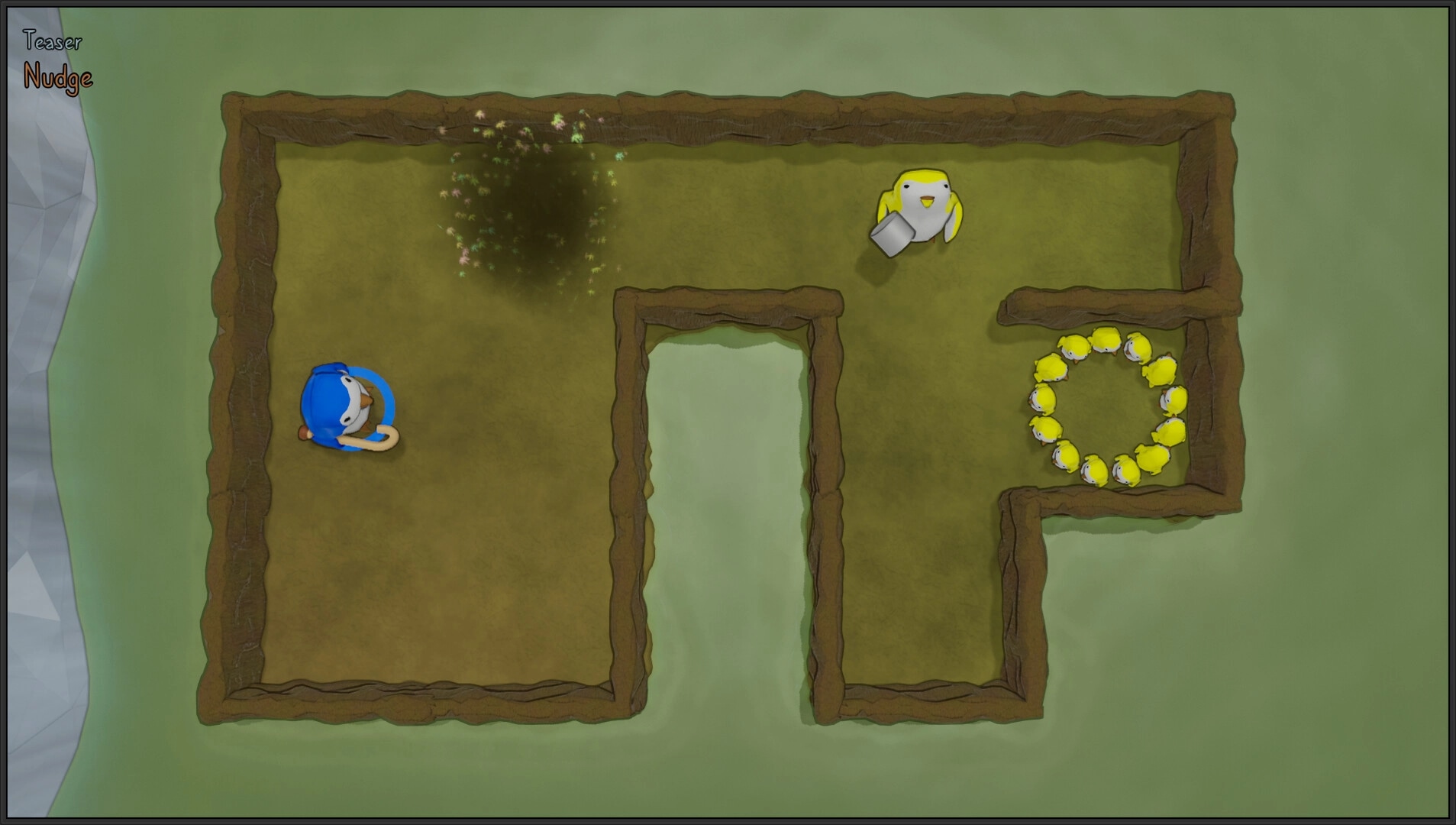 Gentoo Rescue: Blue character in maze, yellow character with shovel, and circle of chicks in grassy area
