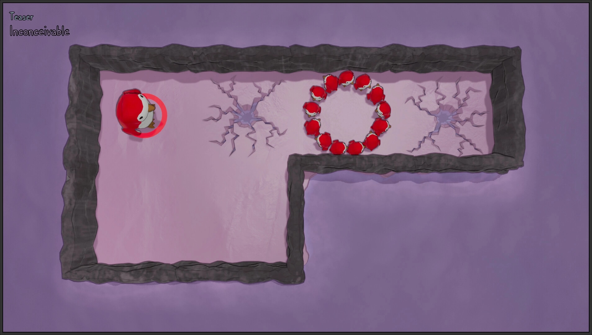 Gentoo Rescue: Penguin character navigates cracked corridor with enemies in circular formation