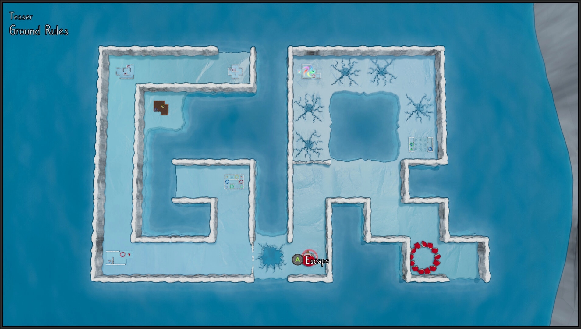 Gentoo Rescue: Overhead icy maze with escape prompt, colorful icon, and cracked floor sections