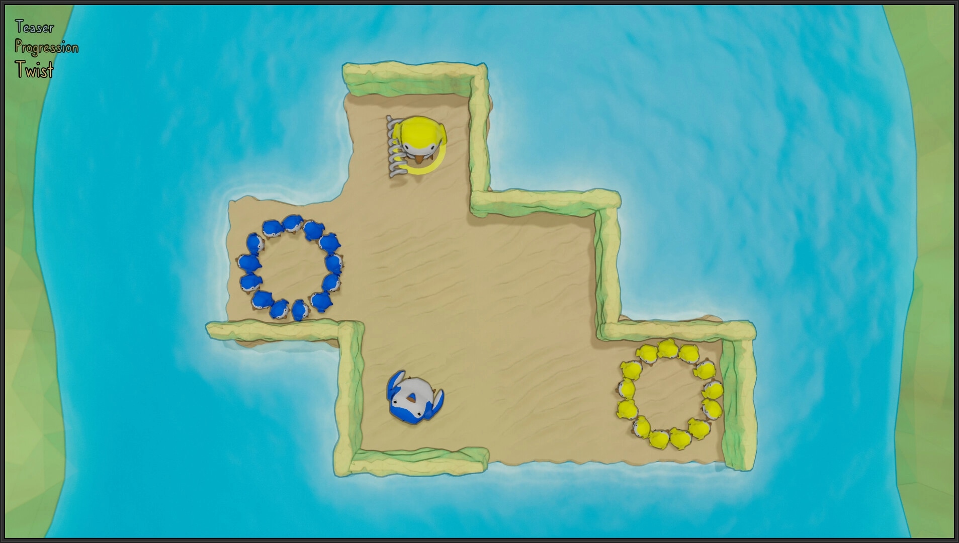 Gentoo Rescue: Overhead view of a maze with blue and yellow creatures on sandy platforms surrounded by water