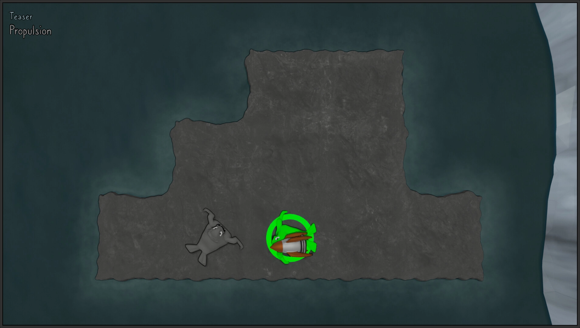 Gentoo Rescue: Character in green circle with propulsion ability on rocky platform in dark cavern setting
