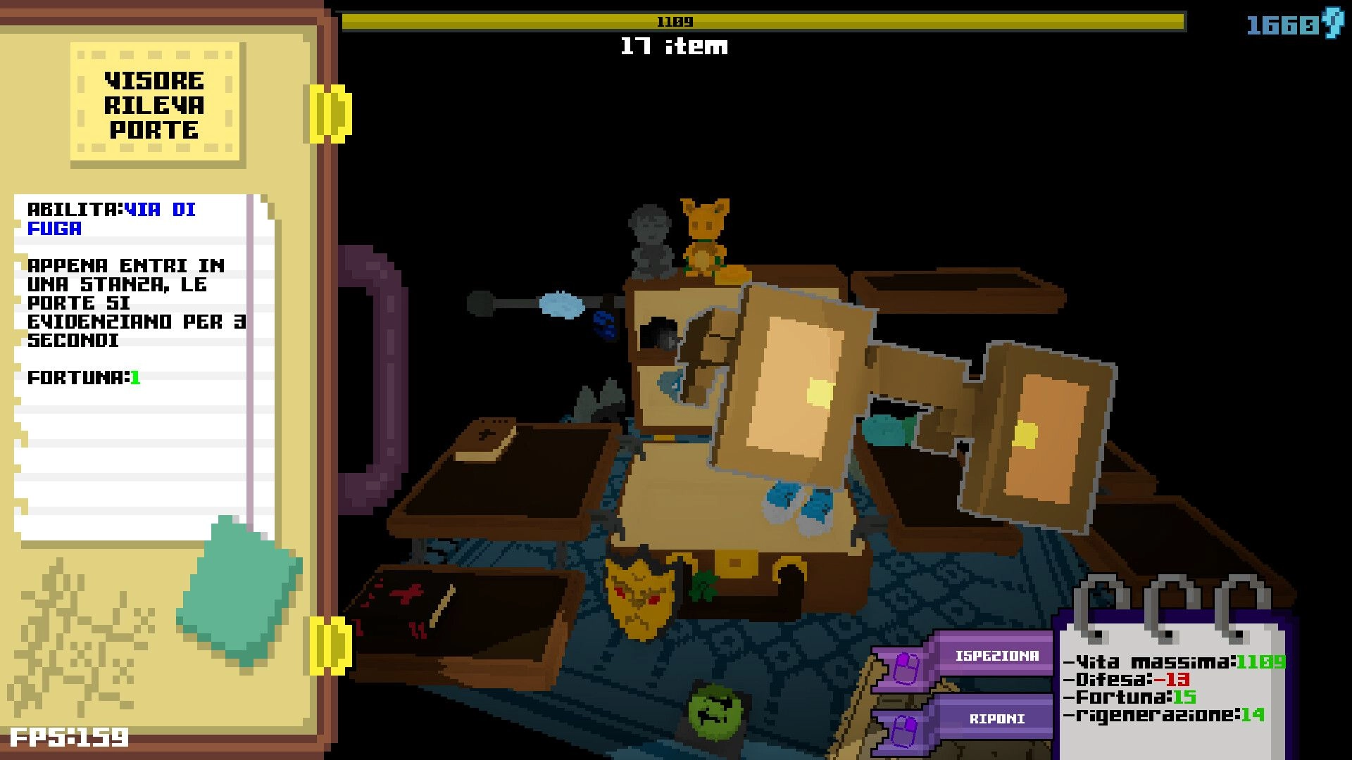 GERPHYON: Inventory book open on ability "Via di fuga" over a dim room with doors and stats UI.