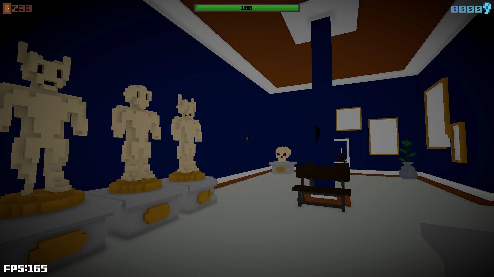 GERPHYON: First-person view of statue gallery room with health bar UI and red-eyed figure ahead.