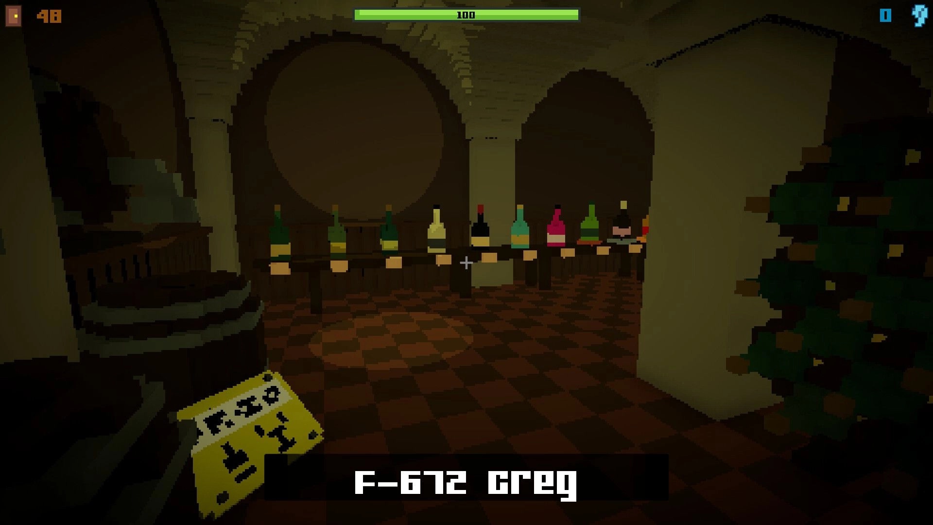 GERPHYON: First-person view aiming at bottles on a bar in a dim cellar, health bar and ammo UI visible.