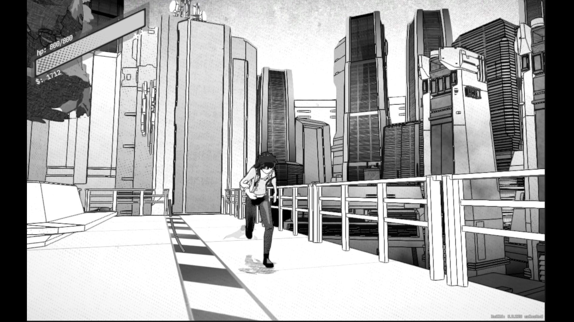 GHOST EATER: Player character runs along rooftop walkway with railings, HP bar and currency HUD visible.
