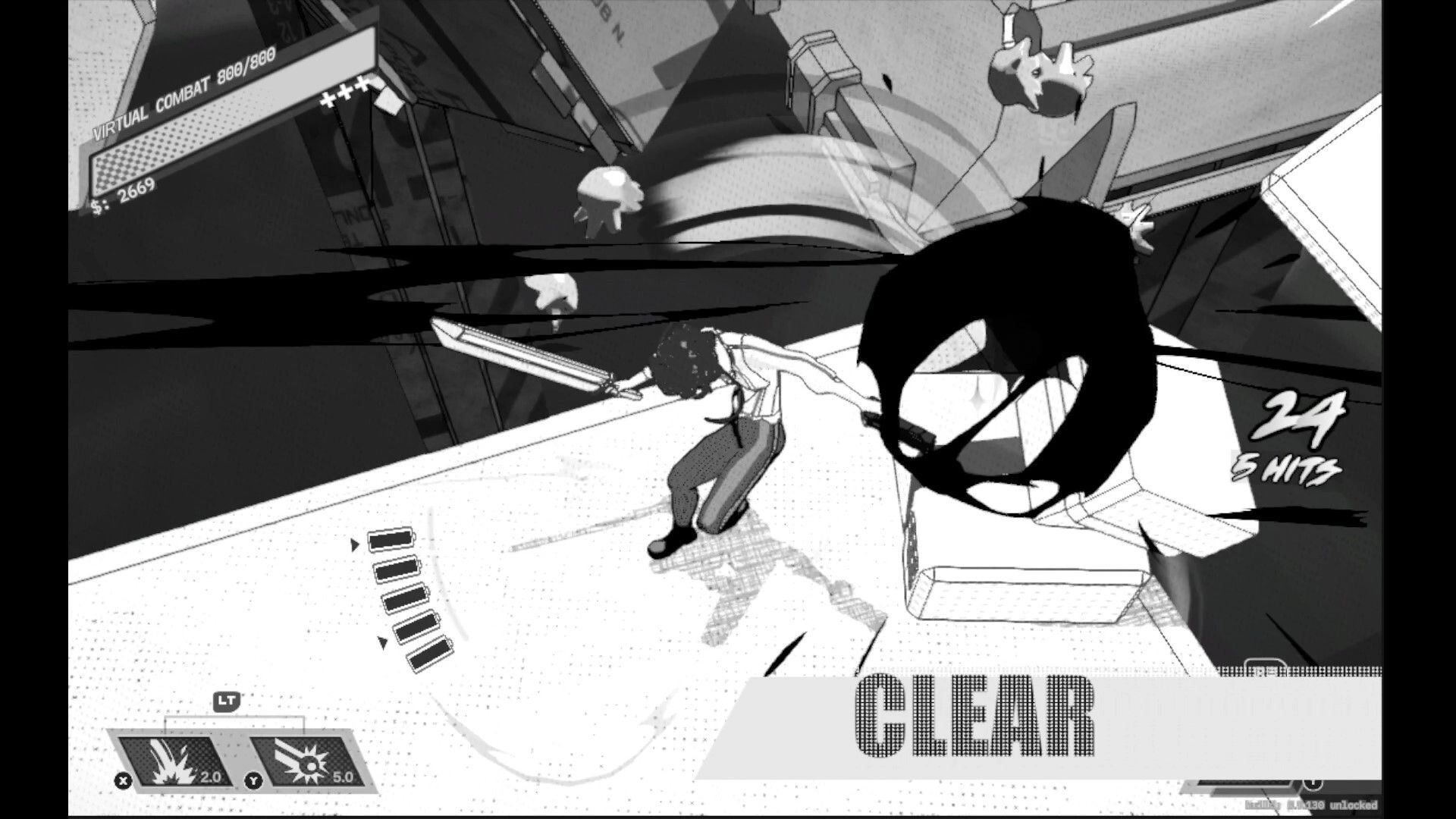 GHOST EATER: Sword fighter slashes a shadowy ghost, 24-hit combo and CLEAR banner in arena stage.