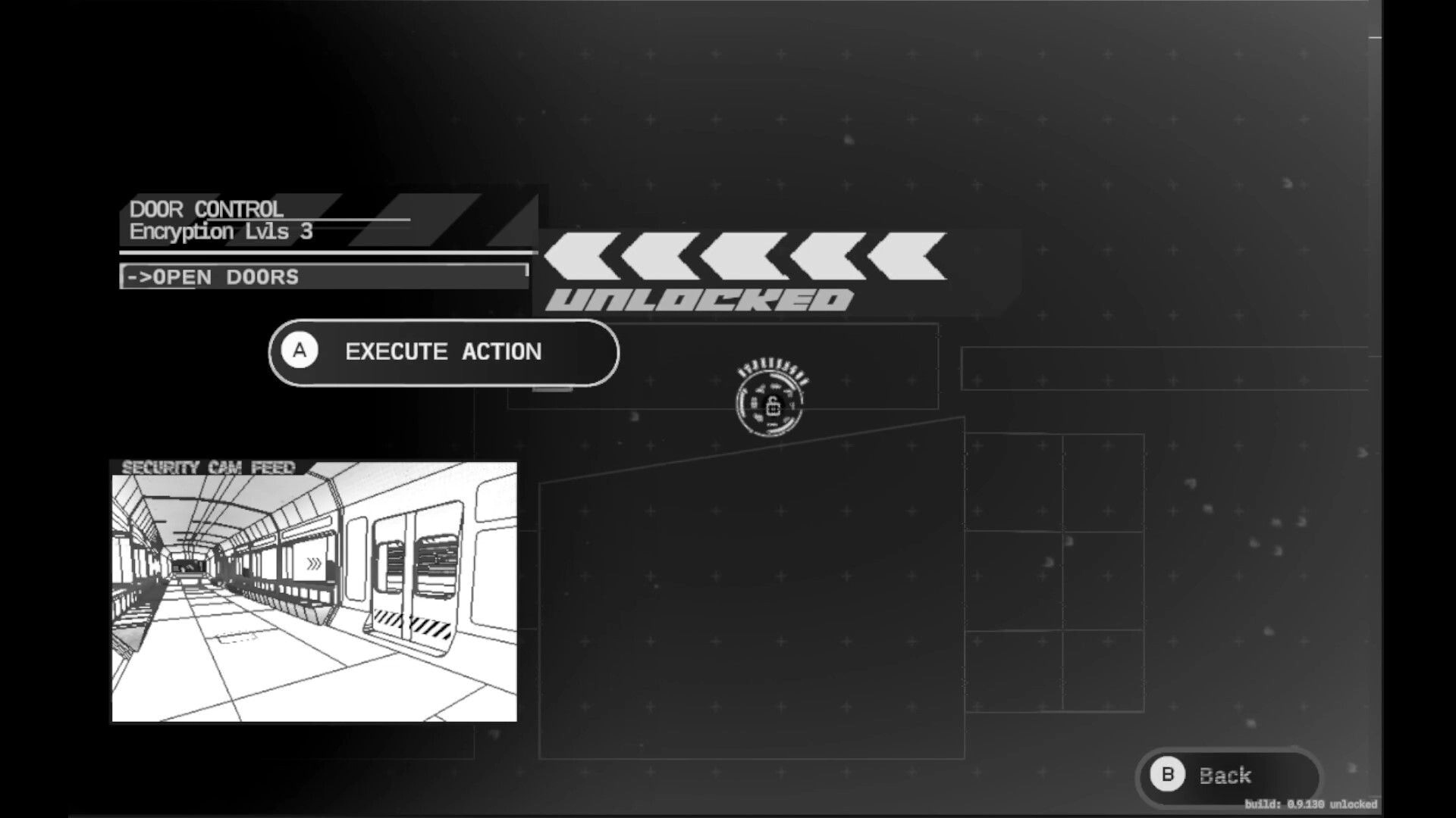 GHOST EATER: Door Control UI shows Encryption Lvls 3 unlocked, execute action to open doors, cam feed corridor.