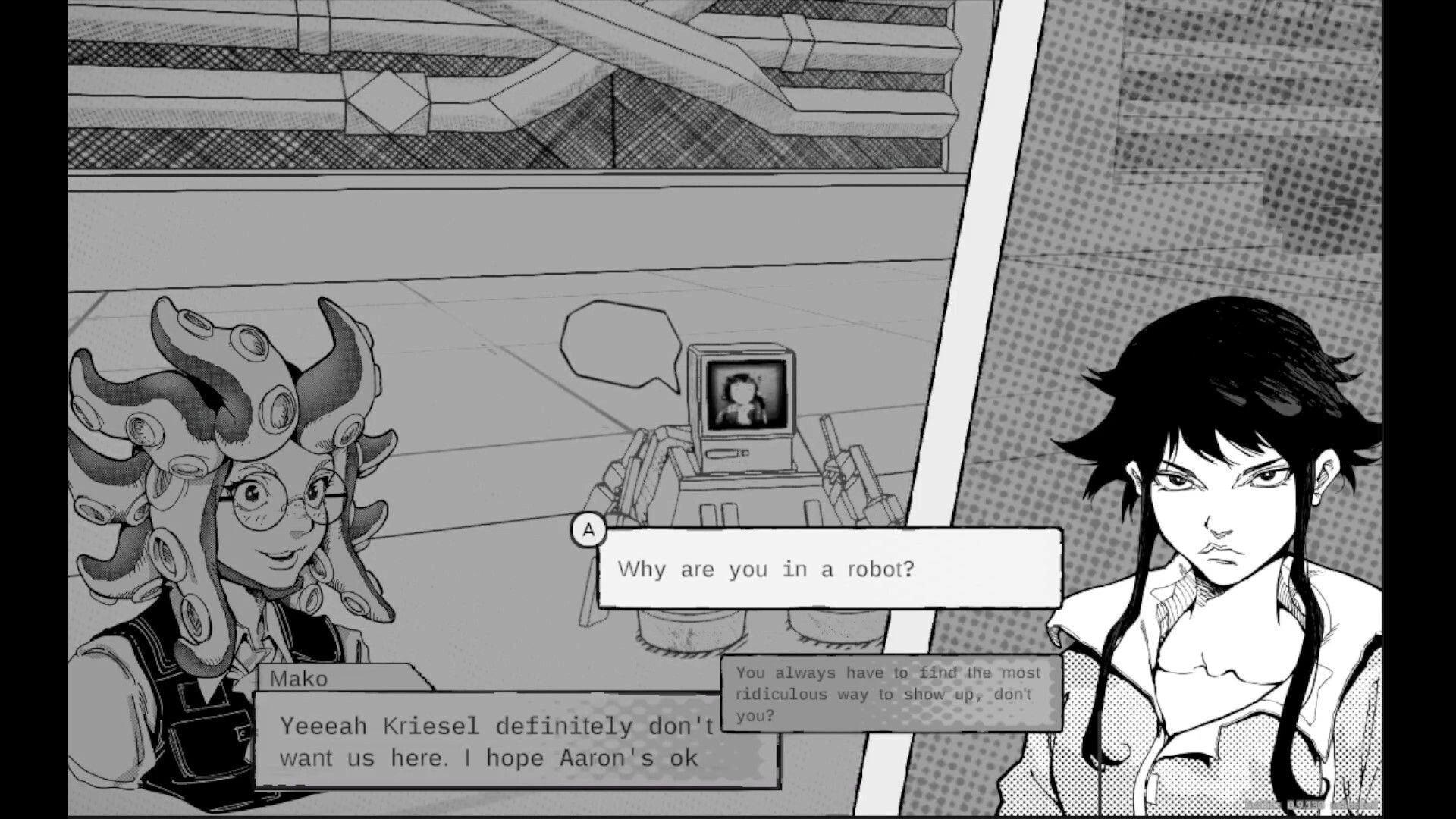 GHOST EATER: Dialogue scene with Mako and a stern woman beside a small robot in a city plaza.