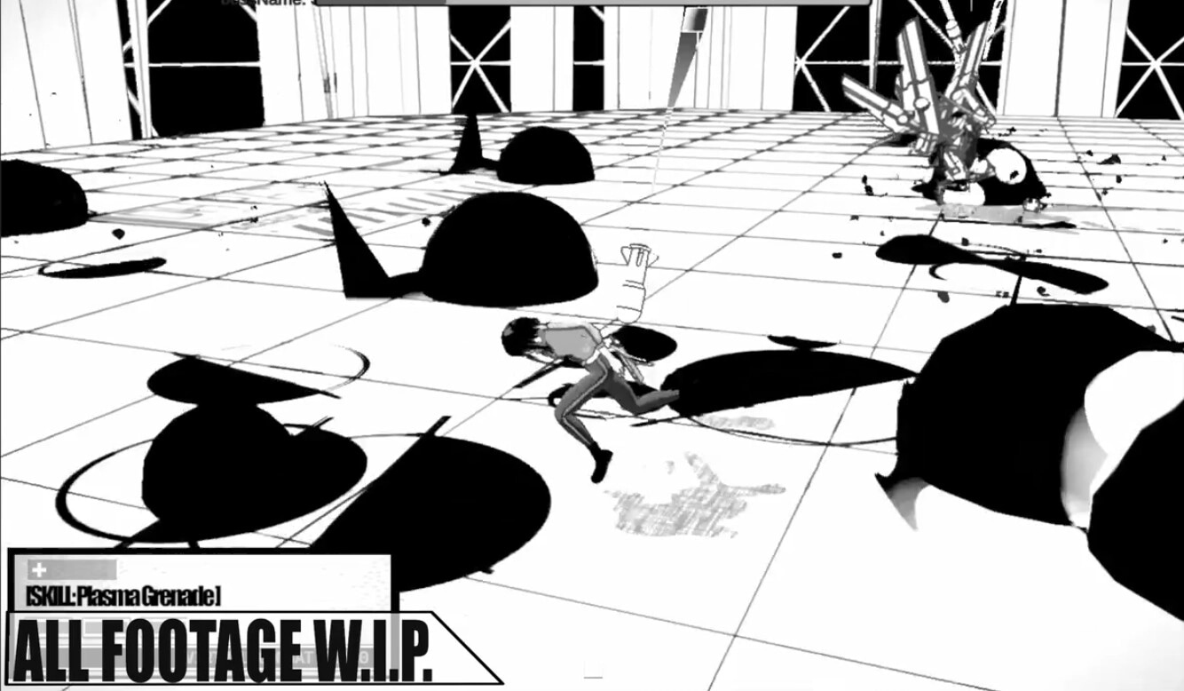 GHOST EATER: Player character knocked down amid black goo blobs in a stark white grid arena fight.