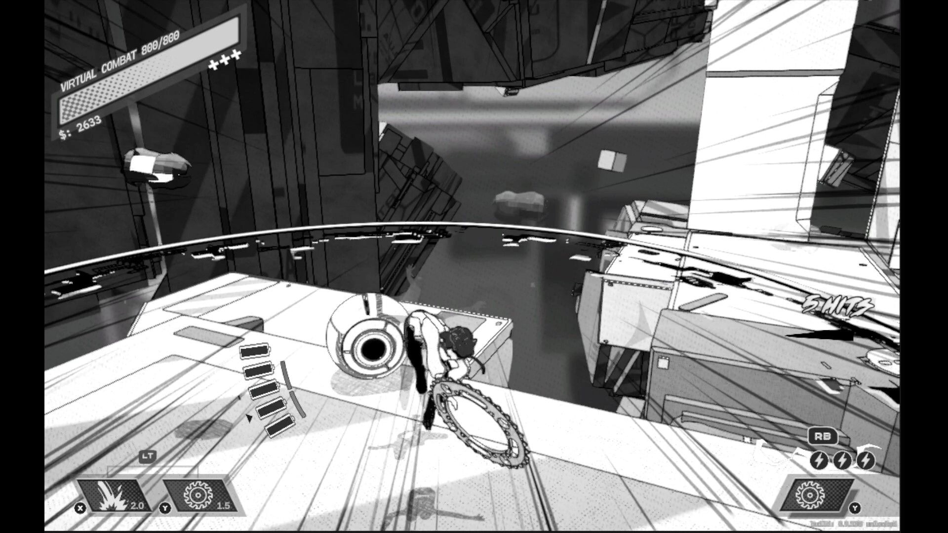 GHOST EATER: Slashing a floating orb enemy with a chained blade on angular rooftop arena, combo HUD visible.