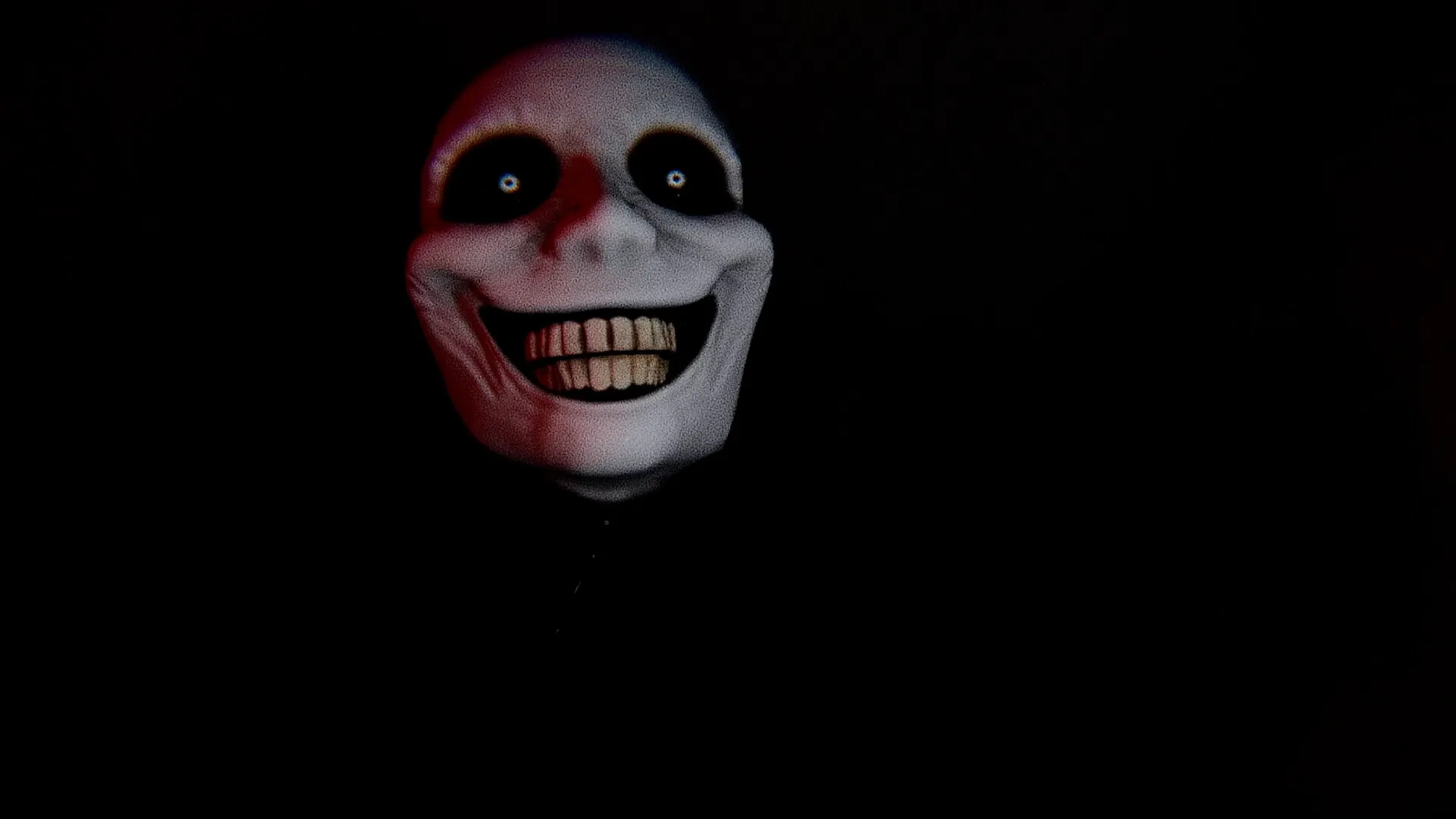 Ghost Frequency: Sinister spirit with a grinning face emerging from darkness in a haunted environment