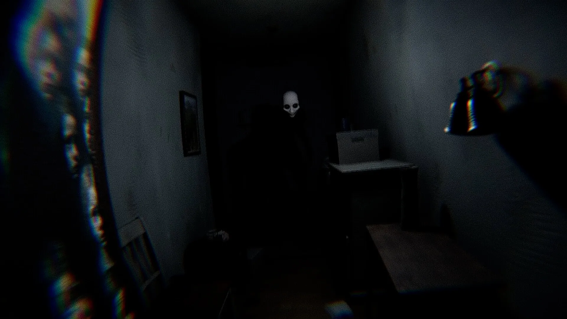 Ghost Frequency: Sinister spirit lurking in dimly lit hallway with shadowy figure and eerie ambiance