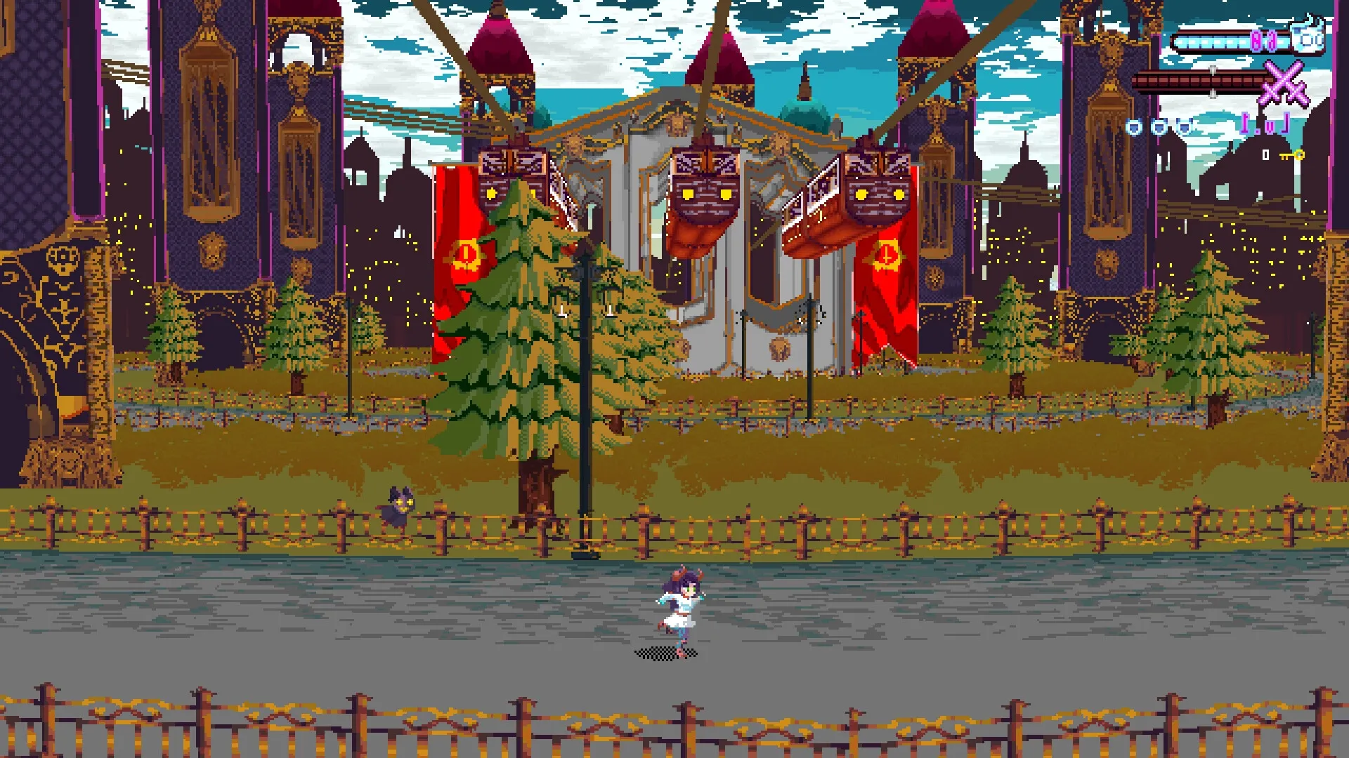 Ghost Hand: Character running through a vibrant cityscape with towering buildings and lush greenery.