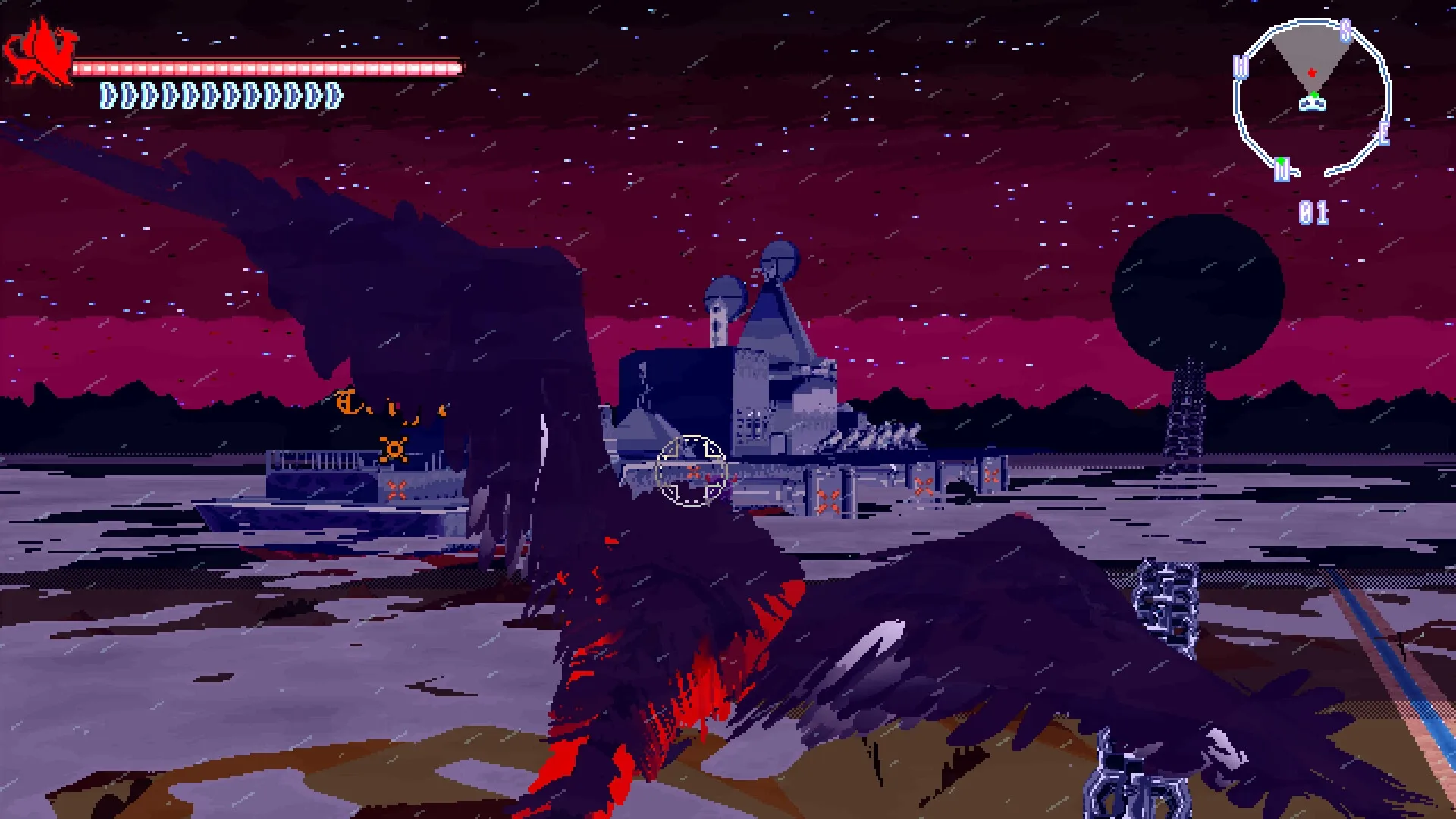 Ghost Hand: Player on dragon flying above industrial complex with stormy night sky and radar UI visible
