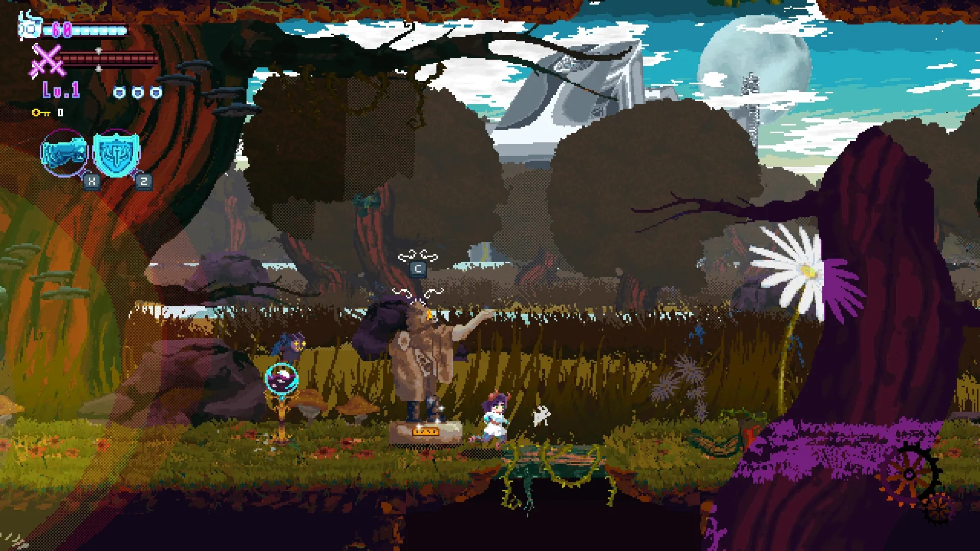 Ghost Hand: Character approaches stone statue in lush forest with detailed UI elements in view
