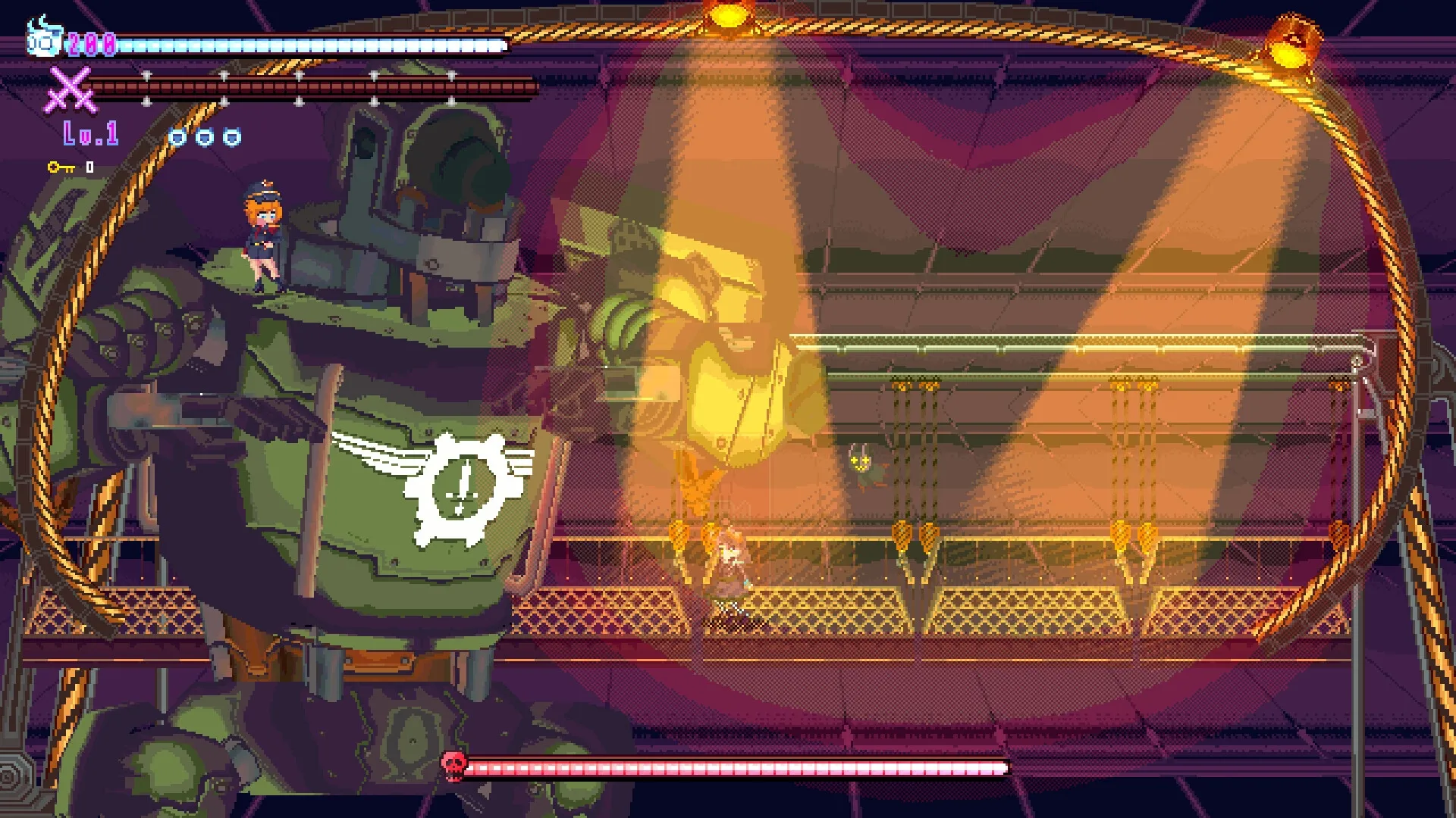 Ghost Hand: Player battles giant robot in industrial setting with health and level indicators visible