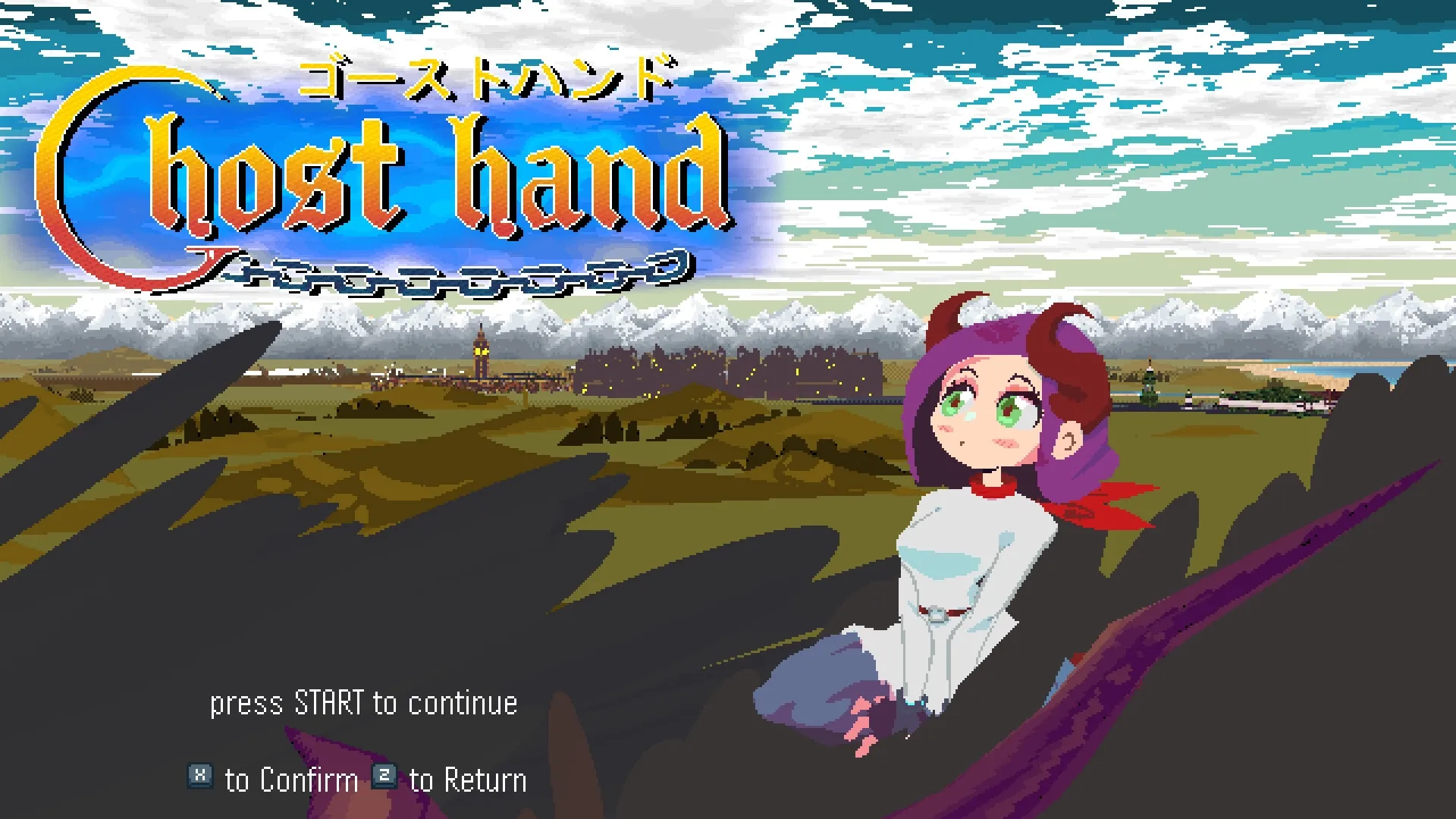 Ghost Hand: Title screen with a character sitting on a dragon against a mountainous landscape backdrop