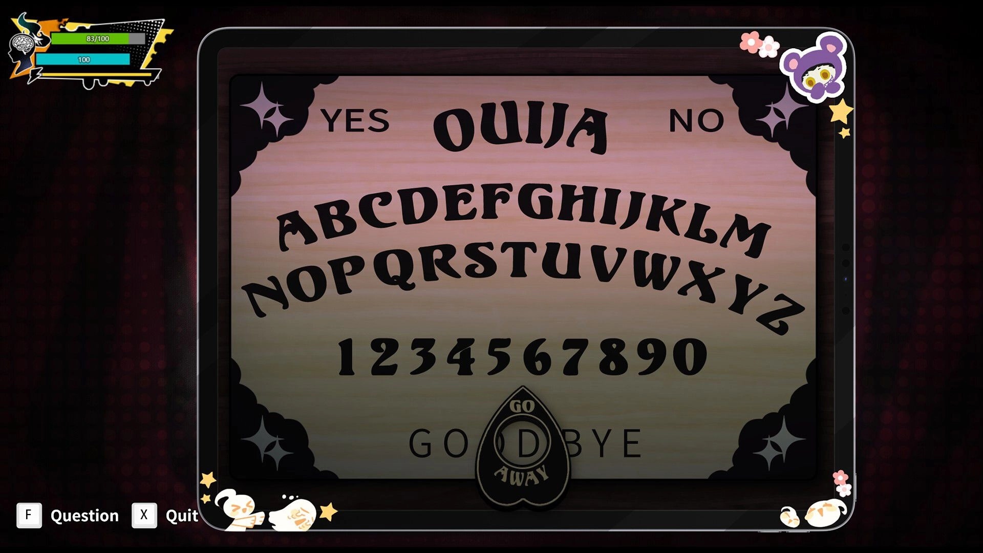 Ghost Hunting Journal: Ouija board minigame UI with A-Z letters and GO/GOODBYE on dark backdrop.