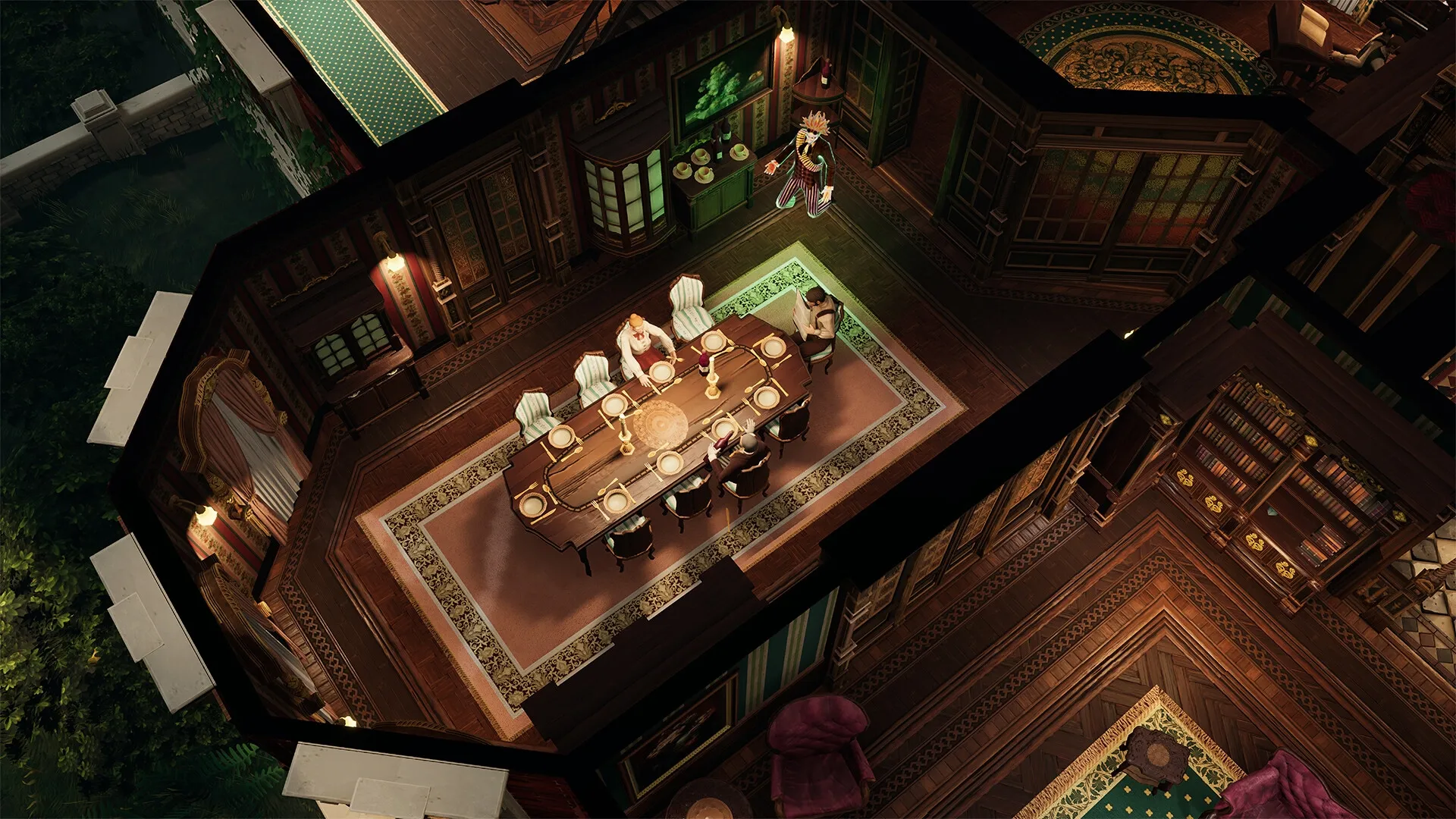 Ghost Keeper: Ghostly figure surprises guests in a luxurious dining room with ornate decor and lighting.