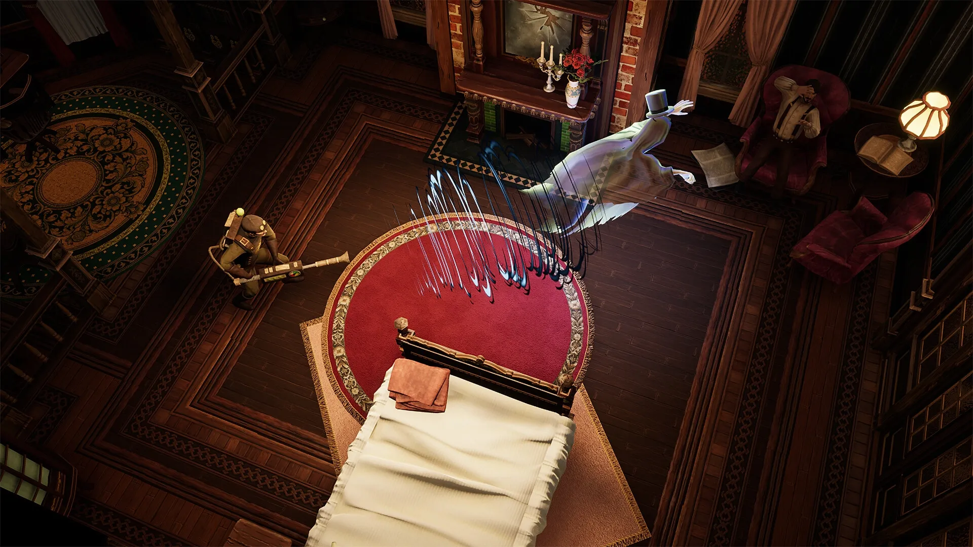 Ghost Keeper: Ghost scaring a man in a vintage room, with hunter approaching from the left