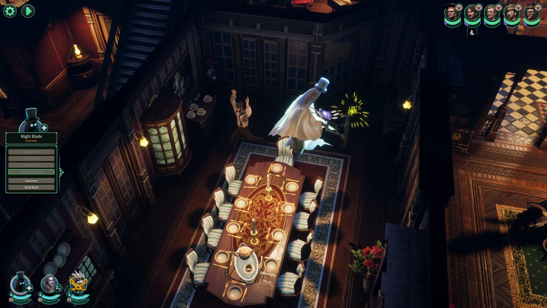 Ghost Keeper: Ghost Night Blade scaring a man in a dimly lit dining room with UI skill menu visible