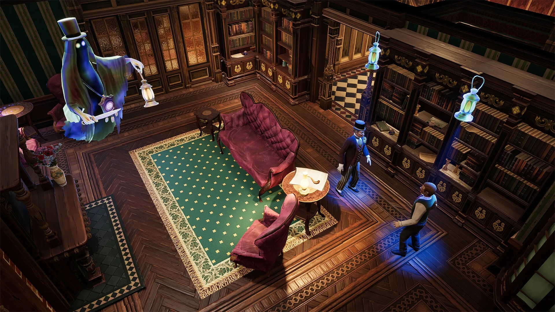 Ghost Keeper: Ghost with lantern scares two men in a Victorian library with ornate woodwork and bookshelves.