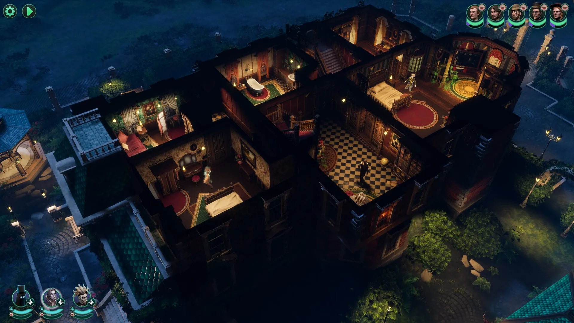 Ghost Keeper: Overhead view of haunted mansion with characters navigating through dimly lit rooms