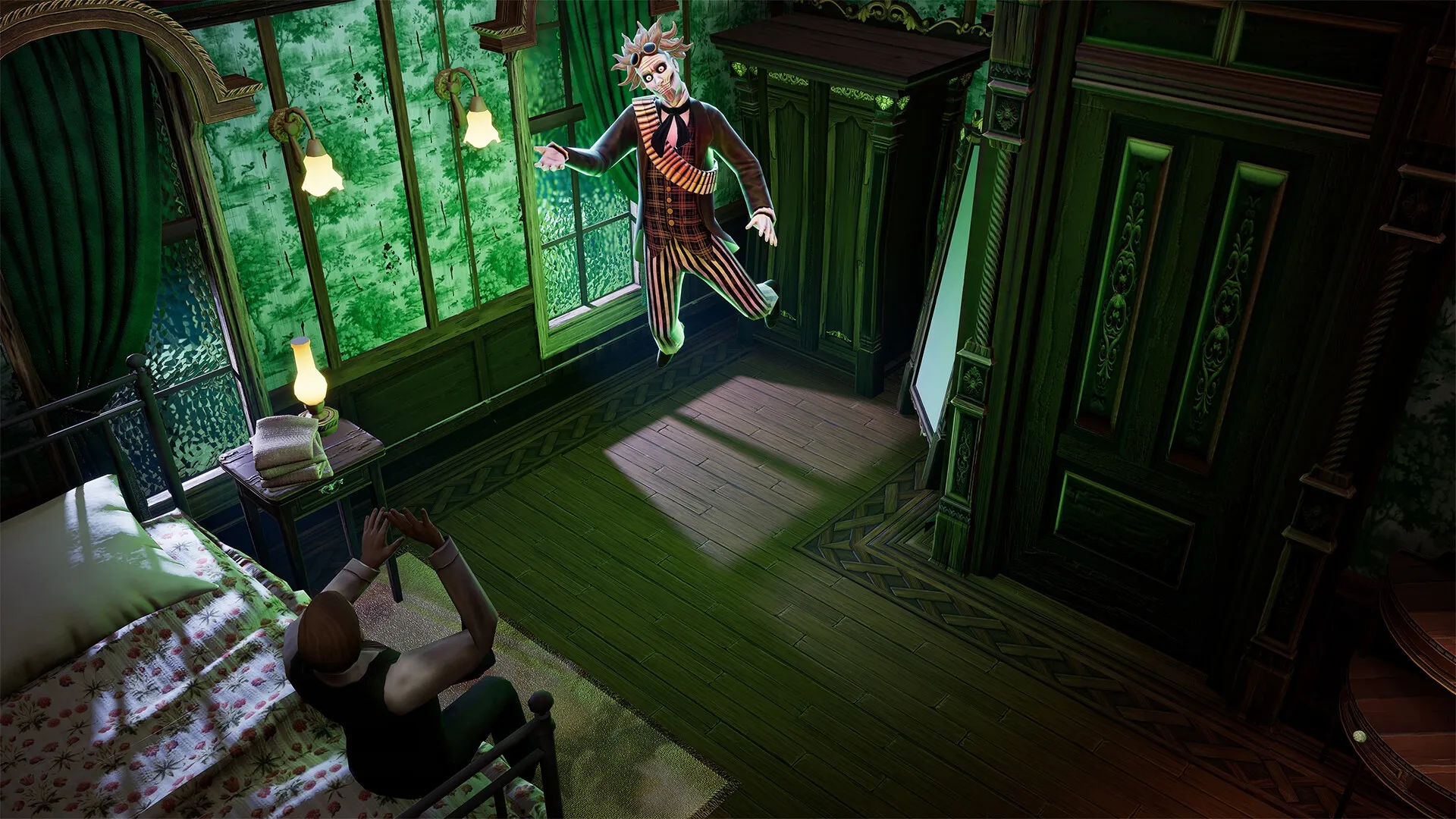 Ghost Keeper: A ghost hovers menacingly over a terrified character in a dimly lit, ornate bedroom.