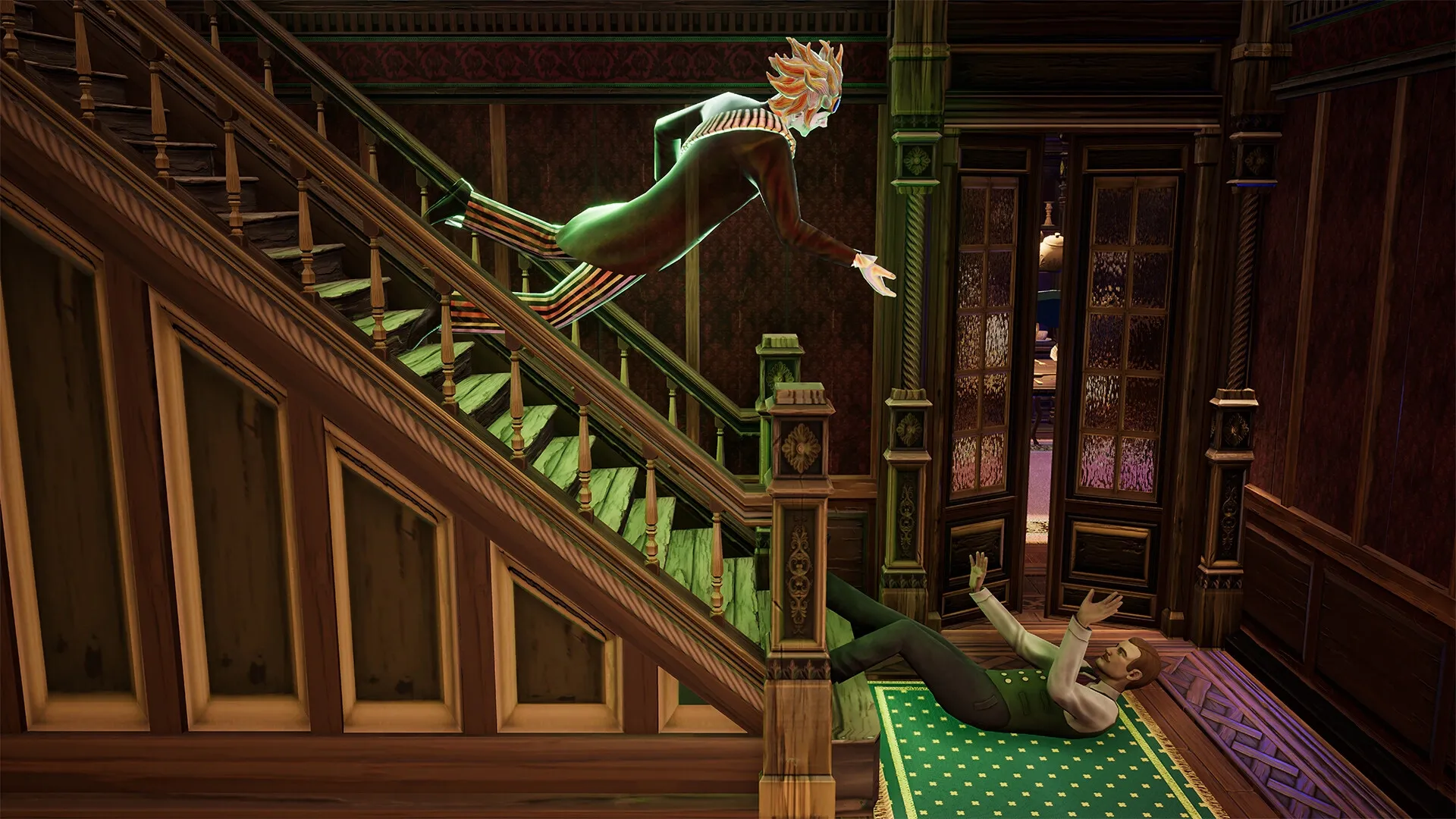 Ghost Keeper: Ghost descending stairs toward startled man in vintage hallway setting