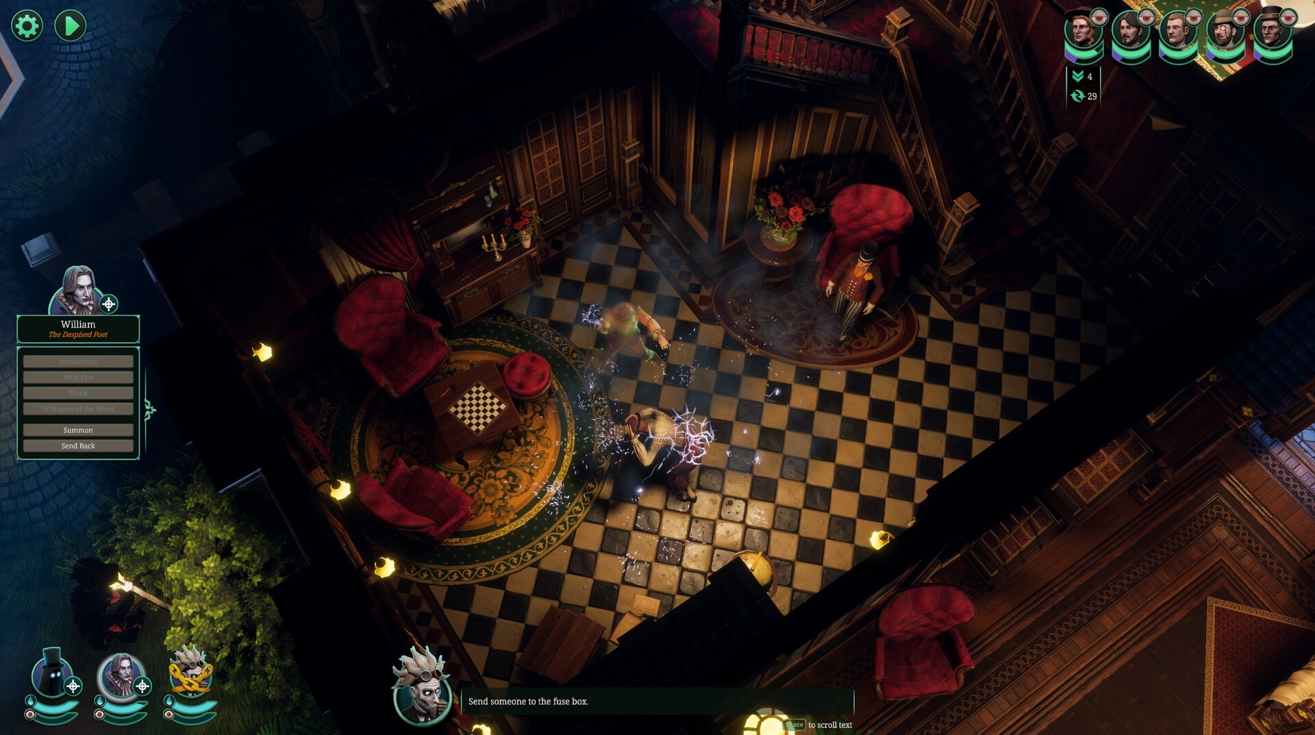 Ghost Keeper: William uses shock ability in a lavish Victorian room with checkered floor tiles.