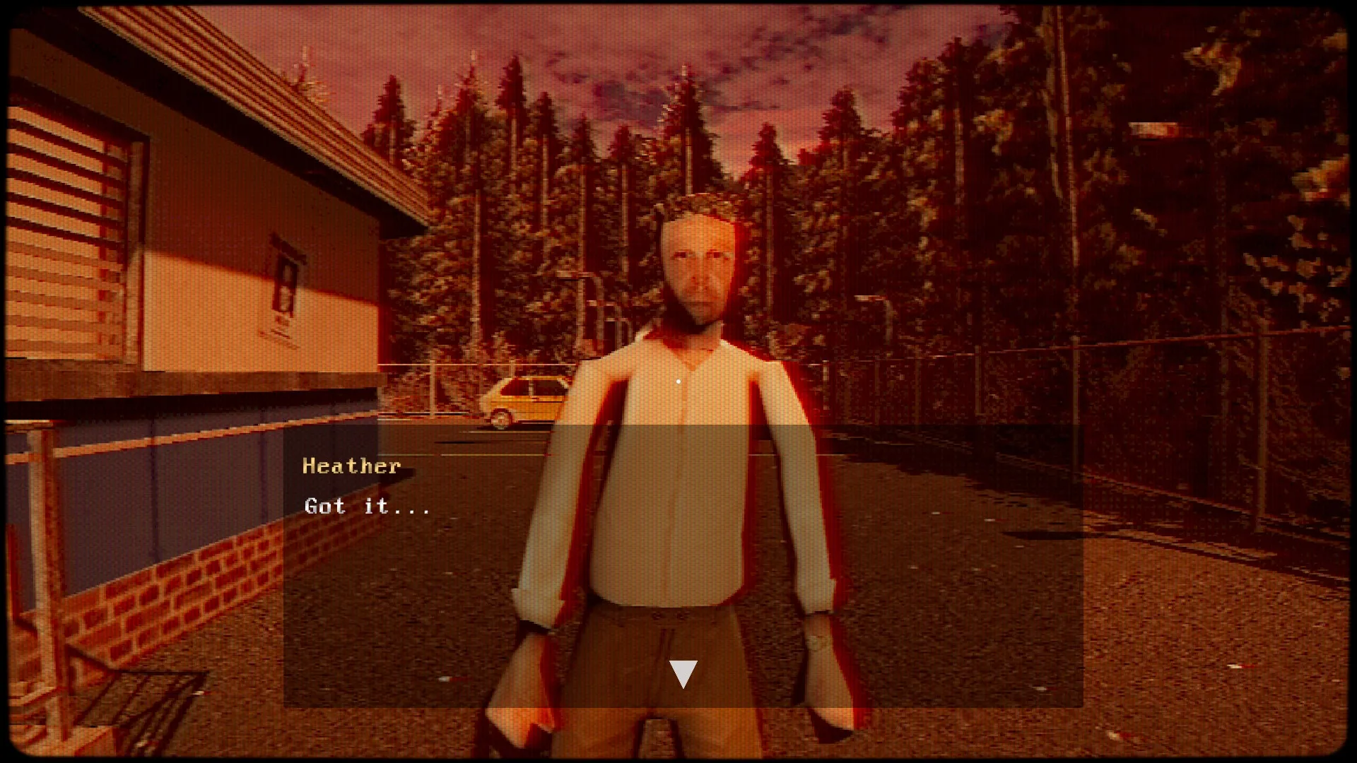 Ghost Ripper: Heather stands outside an asylum, dialogue box displayed, surrounded by dense forest.