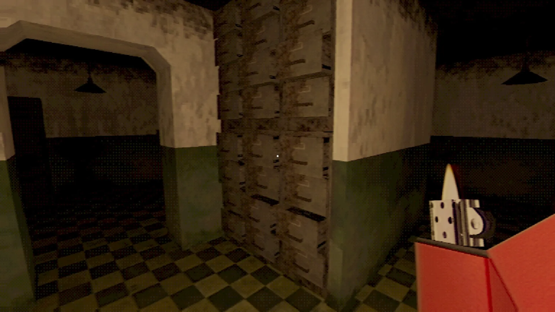 Ghost Ripper: Rusty file cabinets in dim hallway with checkerboard floor and flashlight beam visible