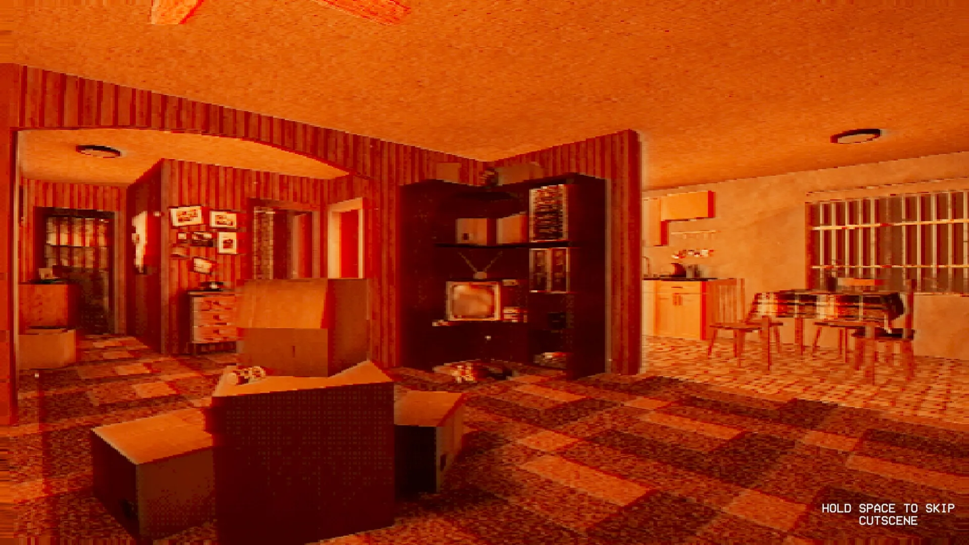Ghost Ripper: Heather's living room cutscene with vintage TV, boxes, and a plaid-covered table.