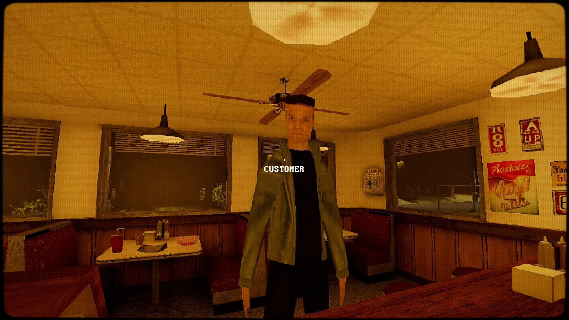 Ghost Ripper: Customer standing in dimly lit diner with booths and vintage posters on walls