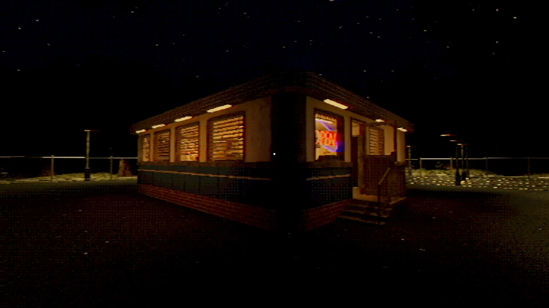Ghost Ripper: Nighttime view of a deserted diner exterior under a starry sky with dim lights.