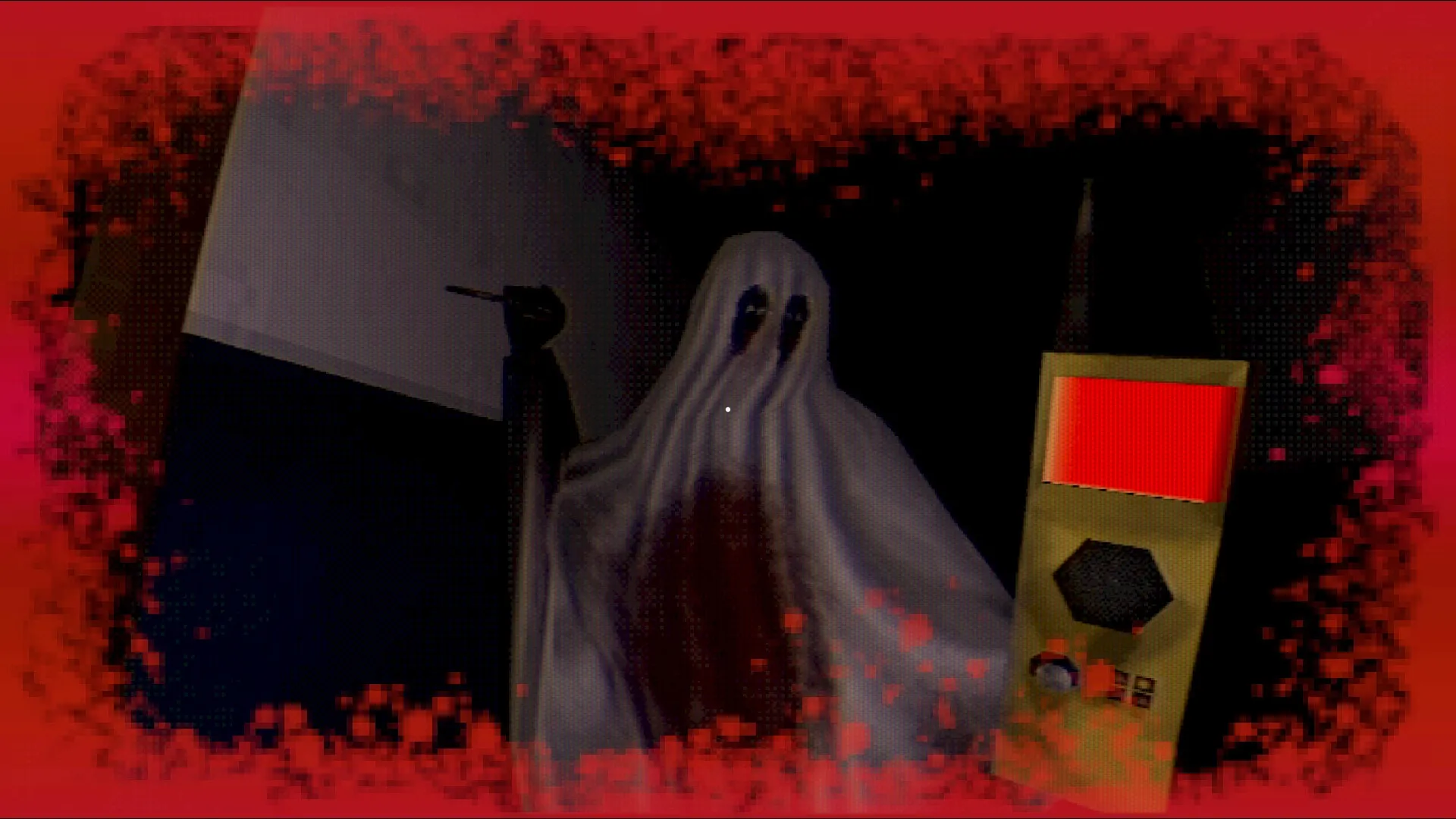 Ghost Ripper: Ghost figure wielding knife approaches player in dark hallway with red-stained vision effect