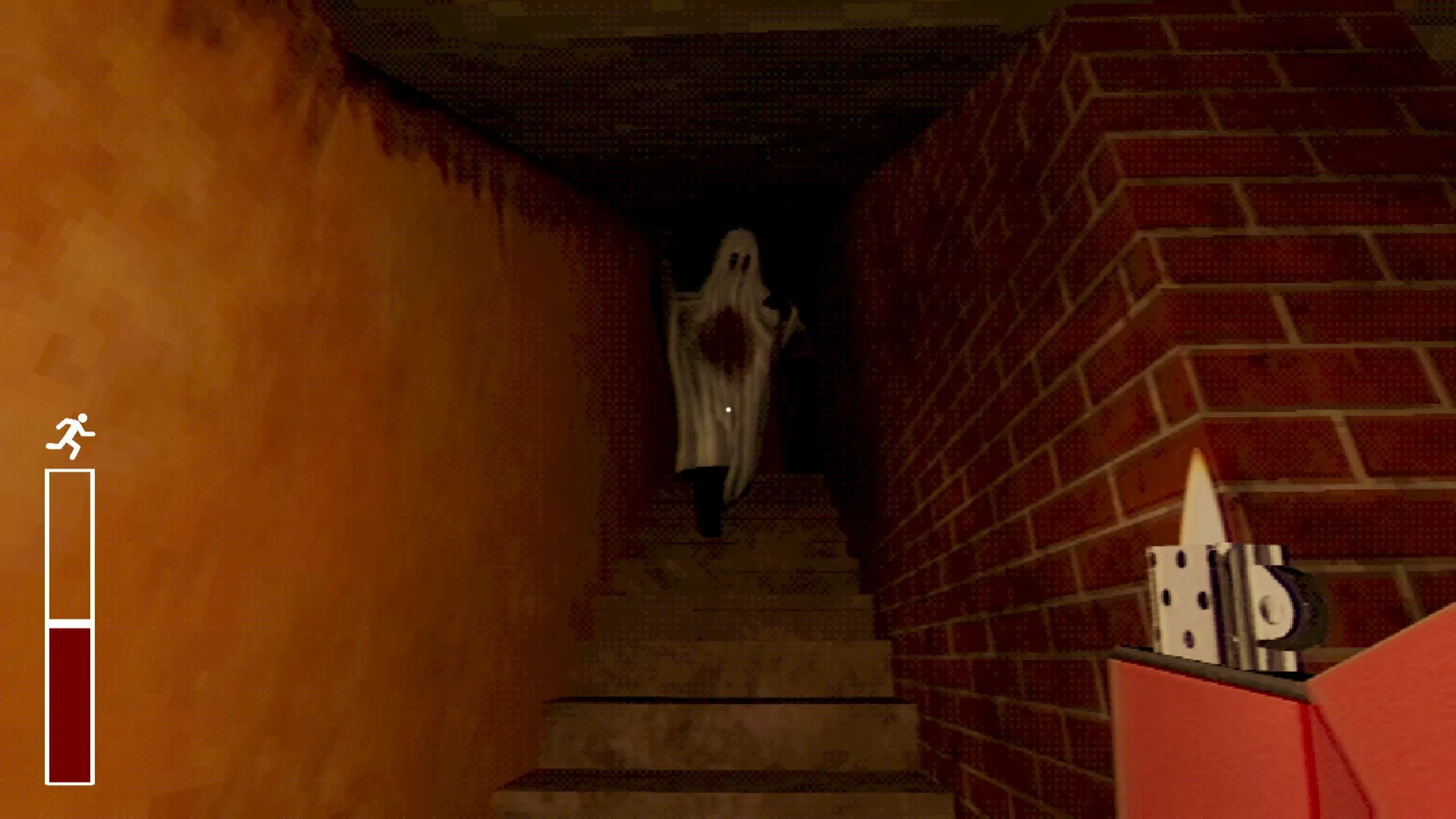 Ghost Ripper: Heather holding lighter in dim brick stairwell with ghostly figure approaching