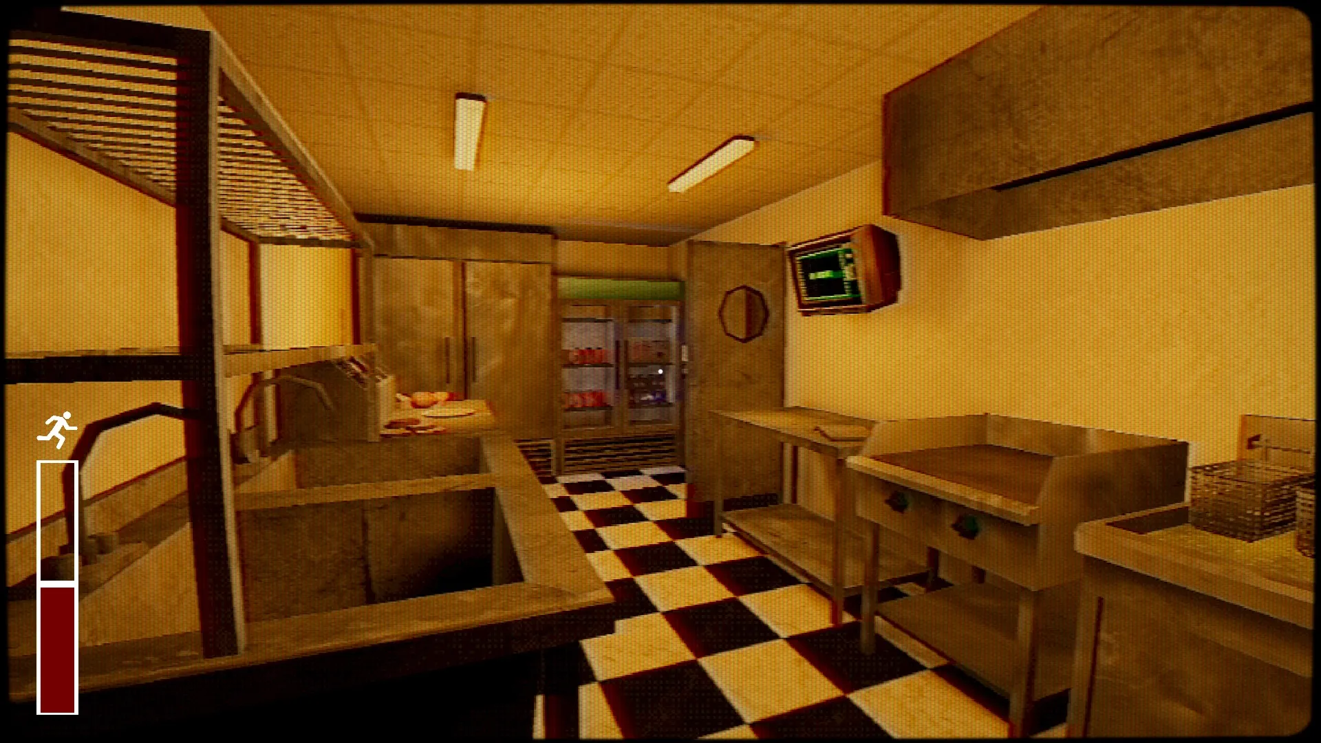 Ghost Ripper: Exploring dim kitchen with checkerboard floor, stamina bar visible in UI corner.