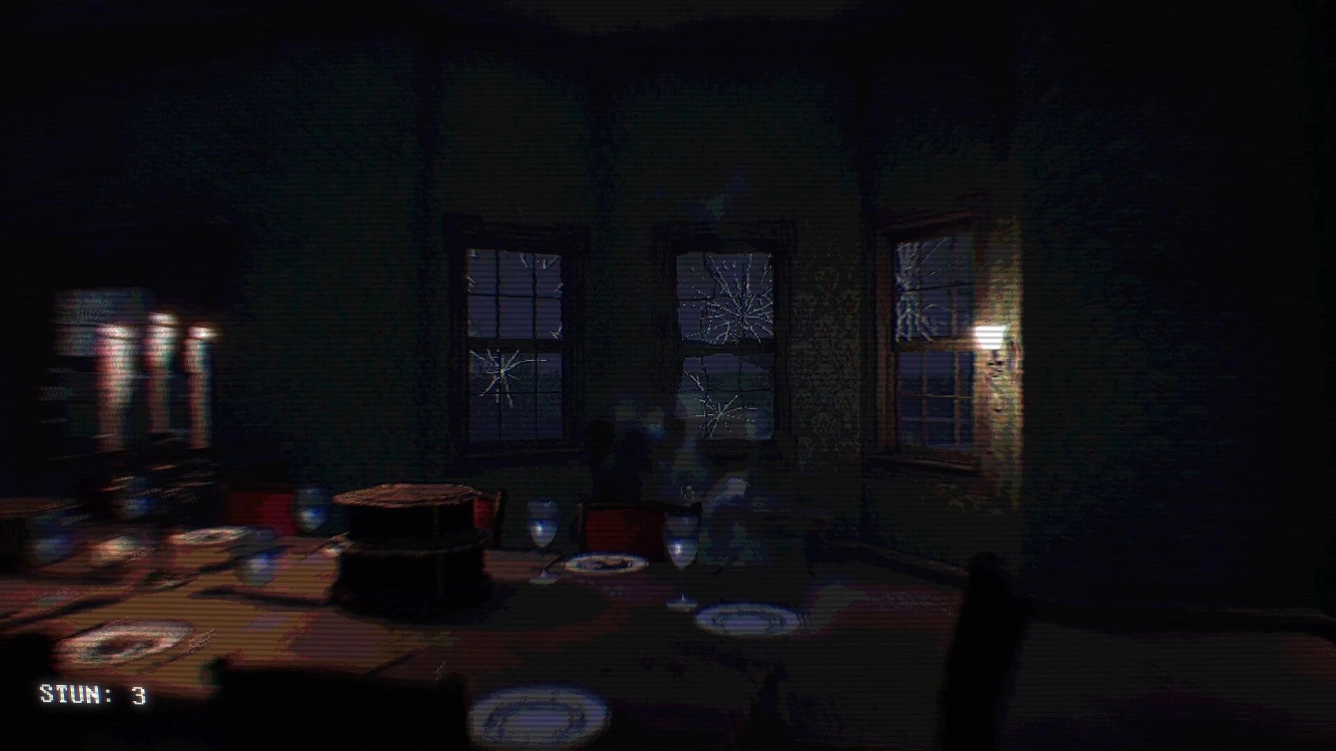 Ghost Scout: Blurred first-person view of a dining table with plates and cracked windows, STUN: 3 HUD.