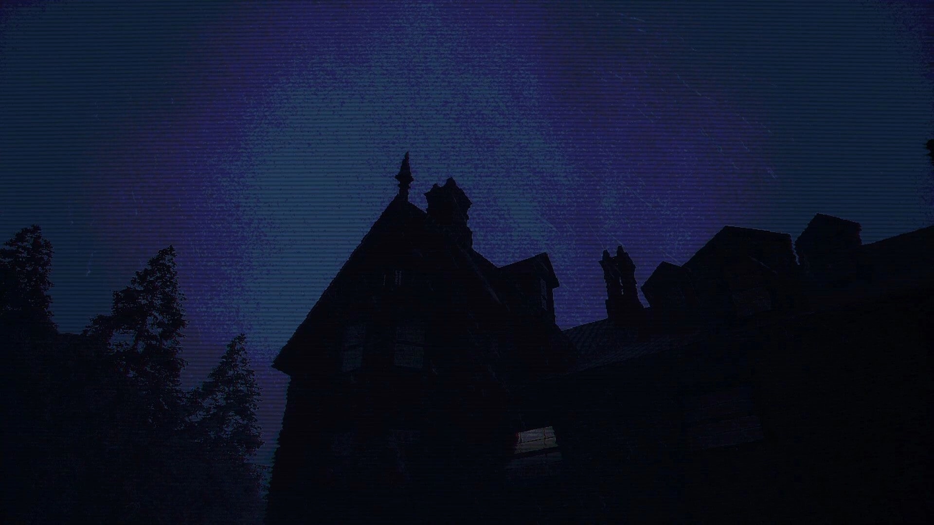 Ghost Scout: Shadowy mansion rooftop silhouette under starry night sky with VHS-style scanlines.