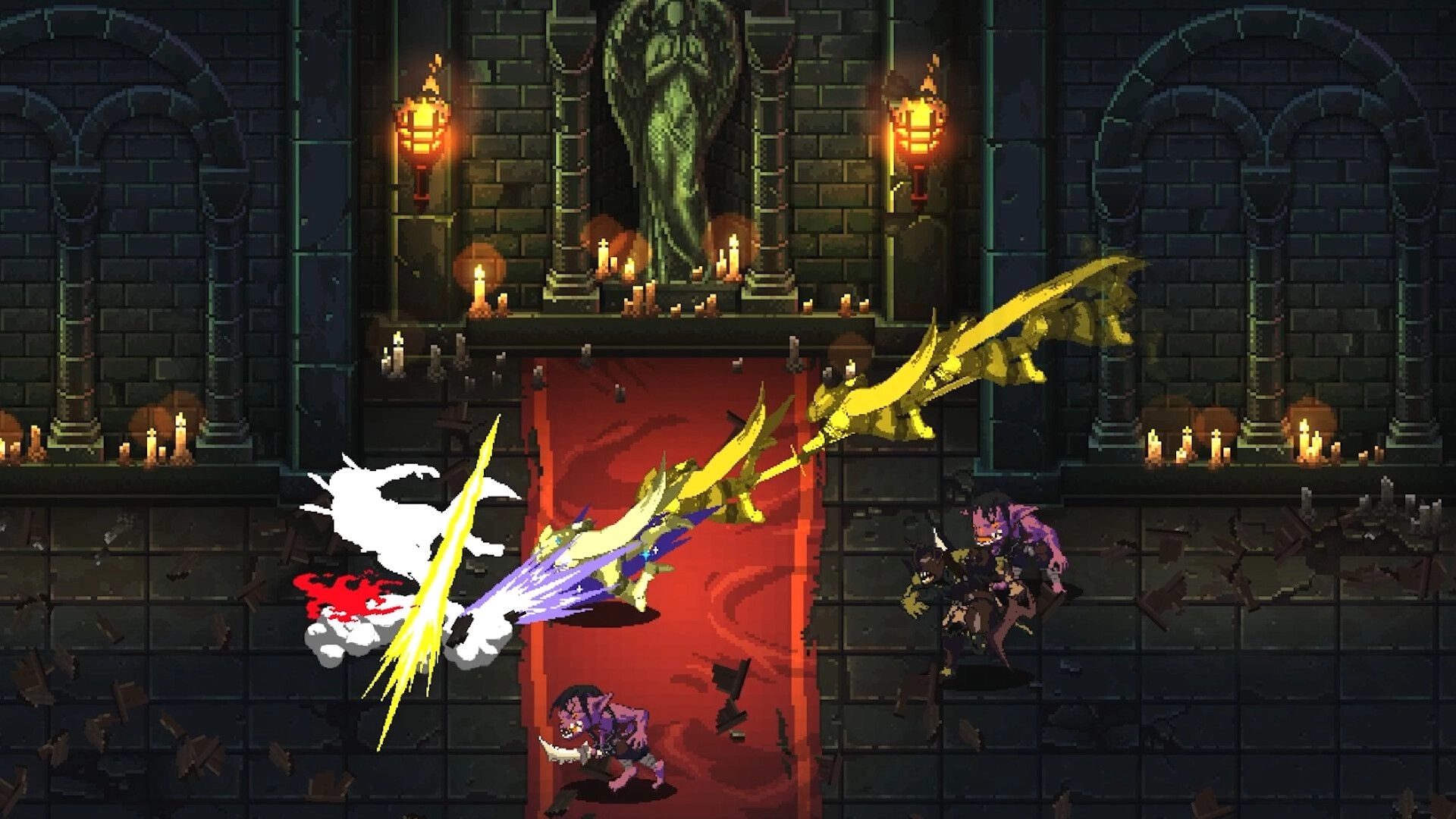 Ghost Vanguard: Hero slashes purple demons with a golden arc in a candlelit stone dungeon hall.