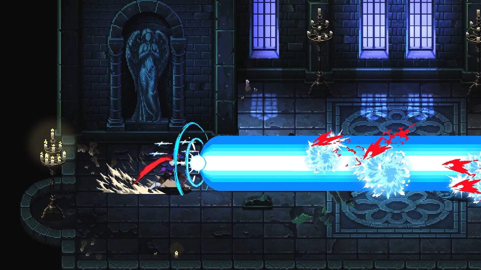 Ghost Vanguard: Hero unleashes a giant blue beam attack in a candlelit stone dungeon hall with statue.