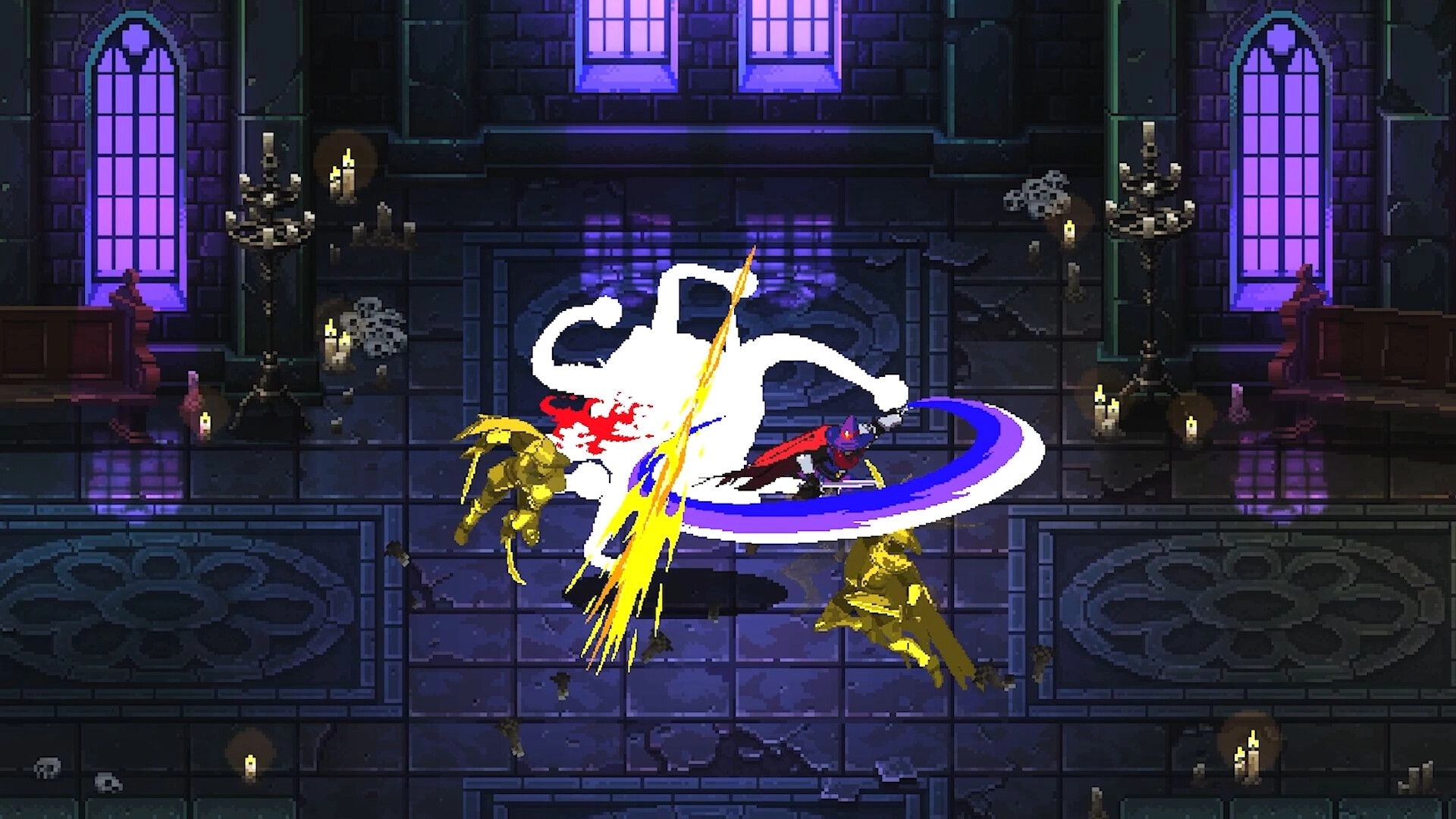 Ghost Vanguard: Masked swordsman slashes two golden foes with arc strike in candlelit castle hall.