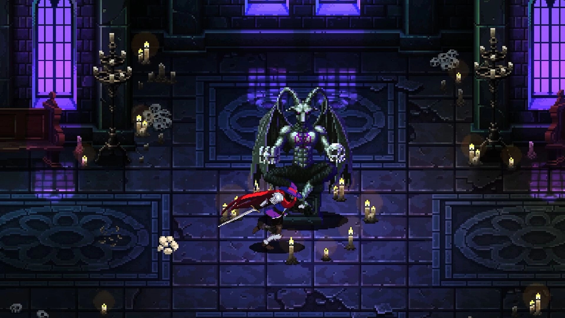 Ghost Vanguard: Sword-wielding hero attacks a horned demon statue in a candlelit gothic hall.