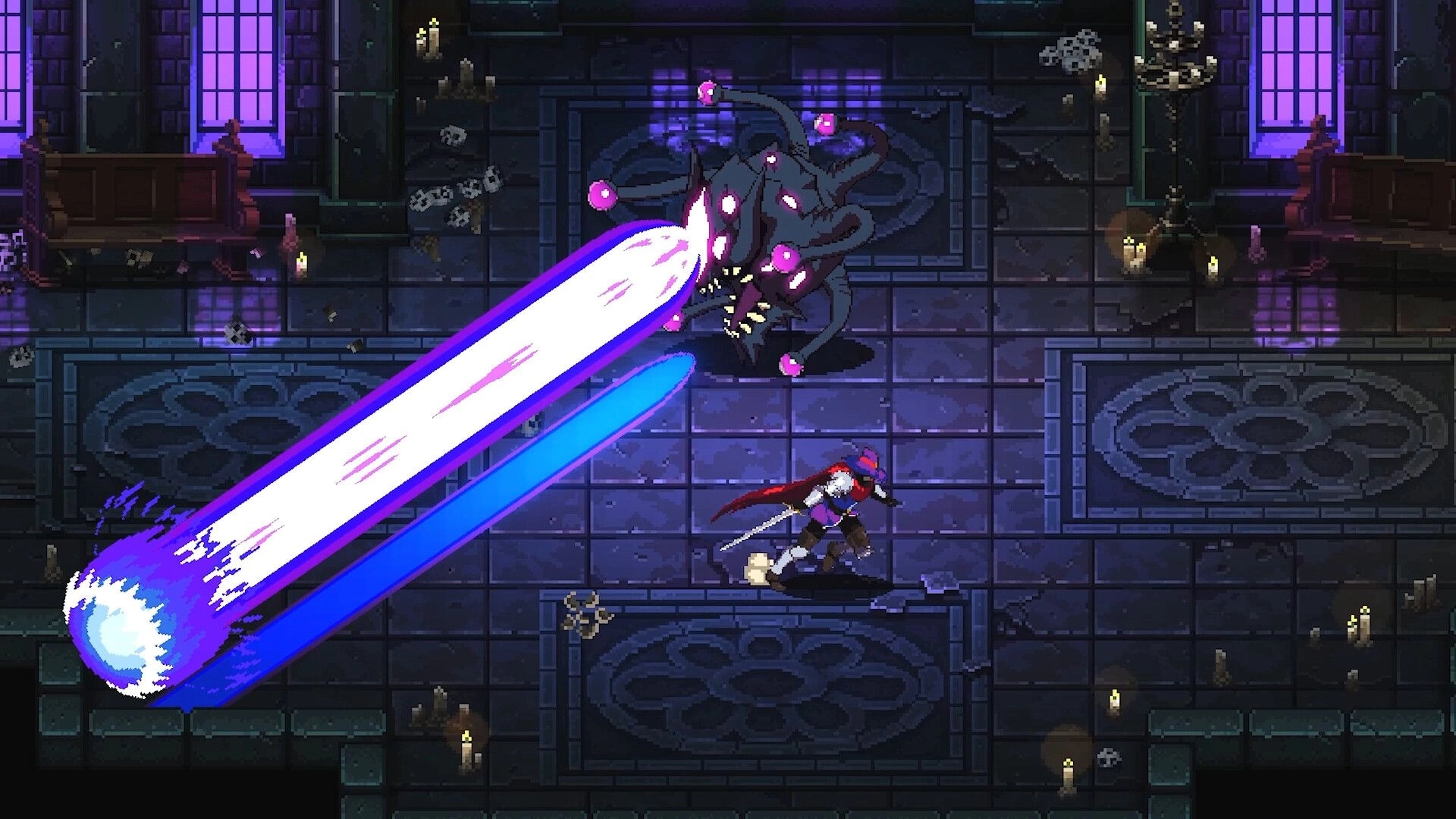 Ghost Vanguard: Hero dodges a giant laser from a tentacled monster in a candlelit stone dungeon hall.