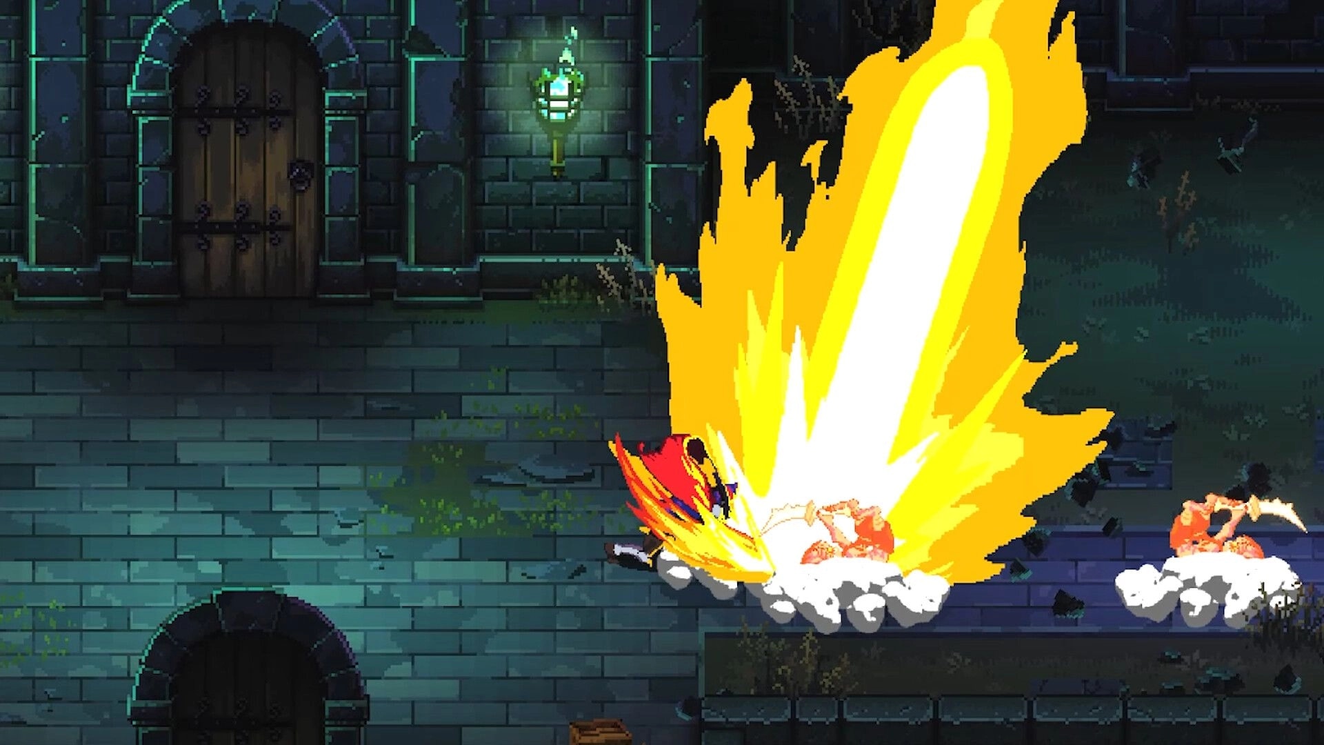 Ghost Vanguard: Hero unleashes a huge fiery sword slash in a stone dungeon corridor by a locked door.