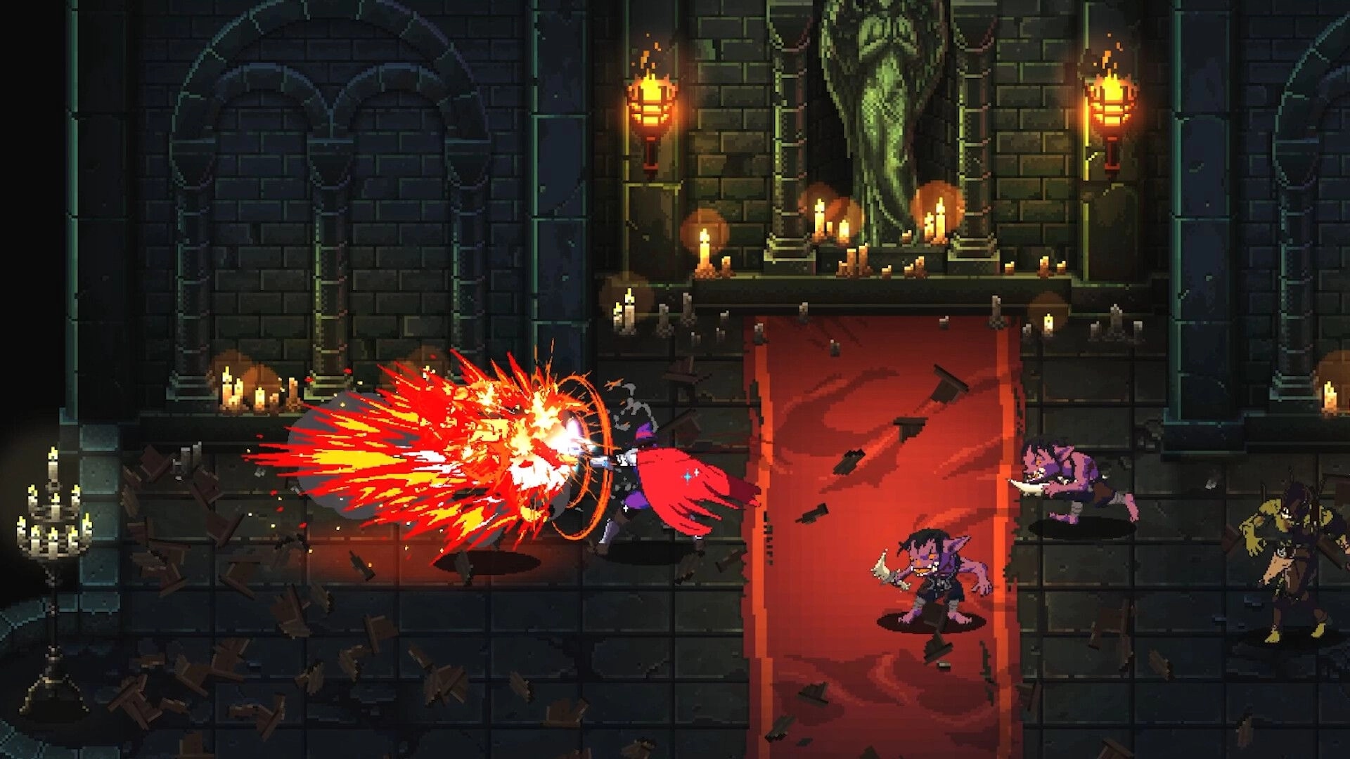 Ghost Vanguard: Caped swordsman slashes a fiery arc at goblins in a candlelit stone hall altar.
