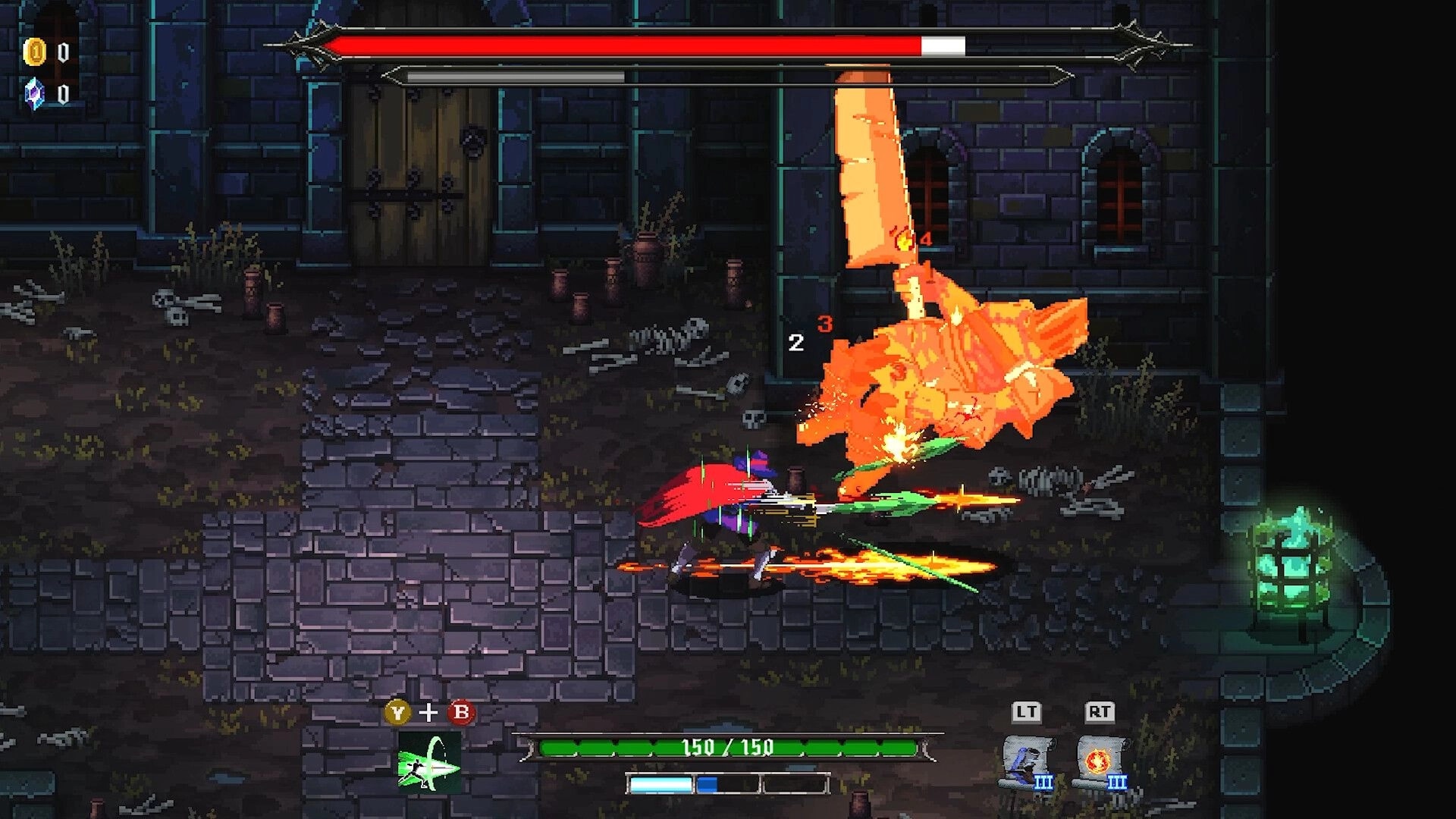Ghost Vanguard: Sword fighter slashes a large orange enemy in a dark stone dungeon with health UI.