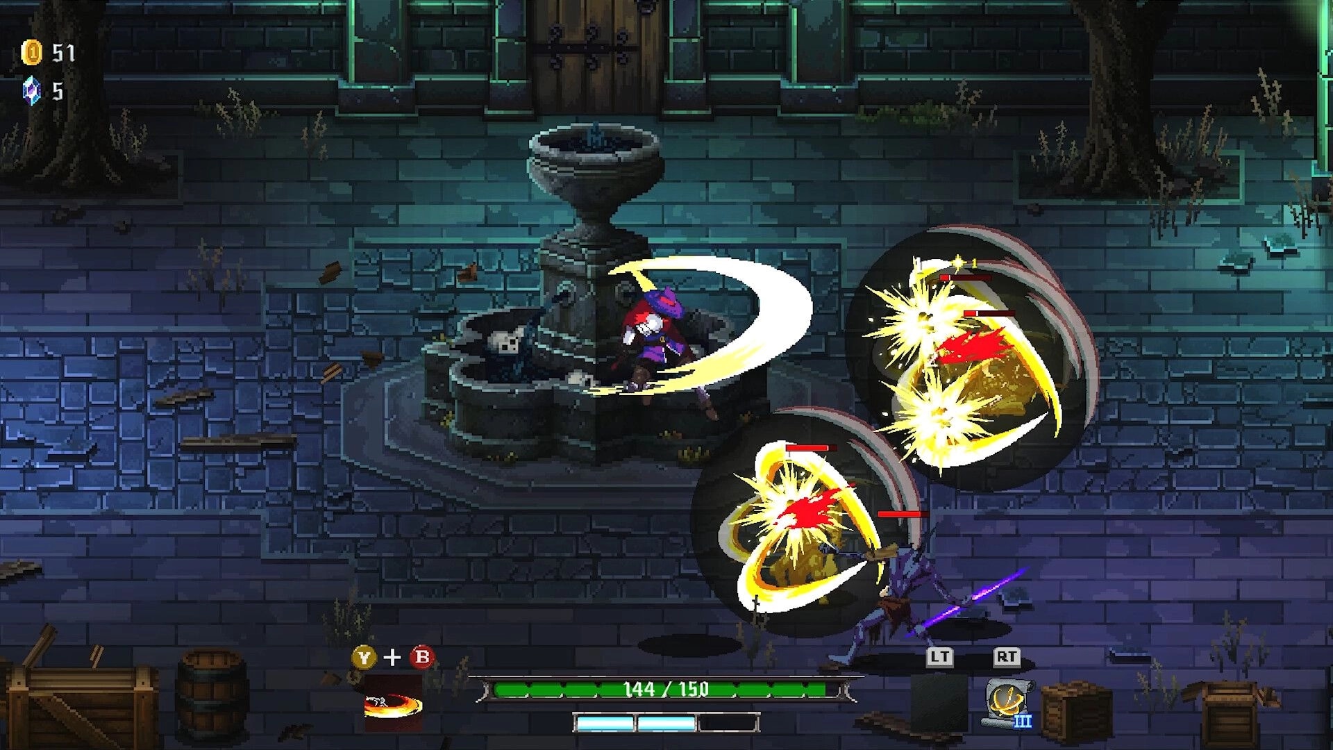 Ghost Vanguard: Sword fighter slashes two shielded foes beside a fountain in a ruined stone courtyard.