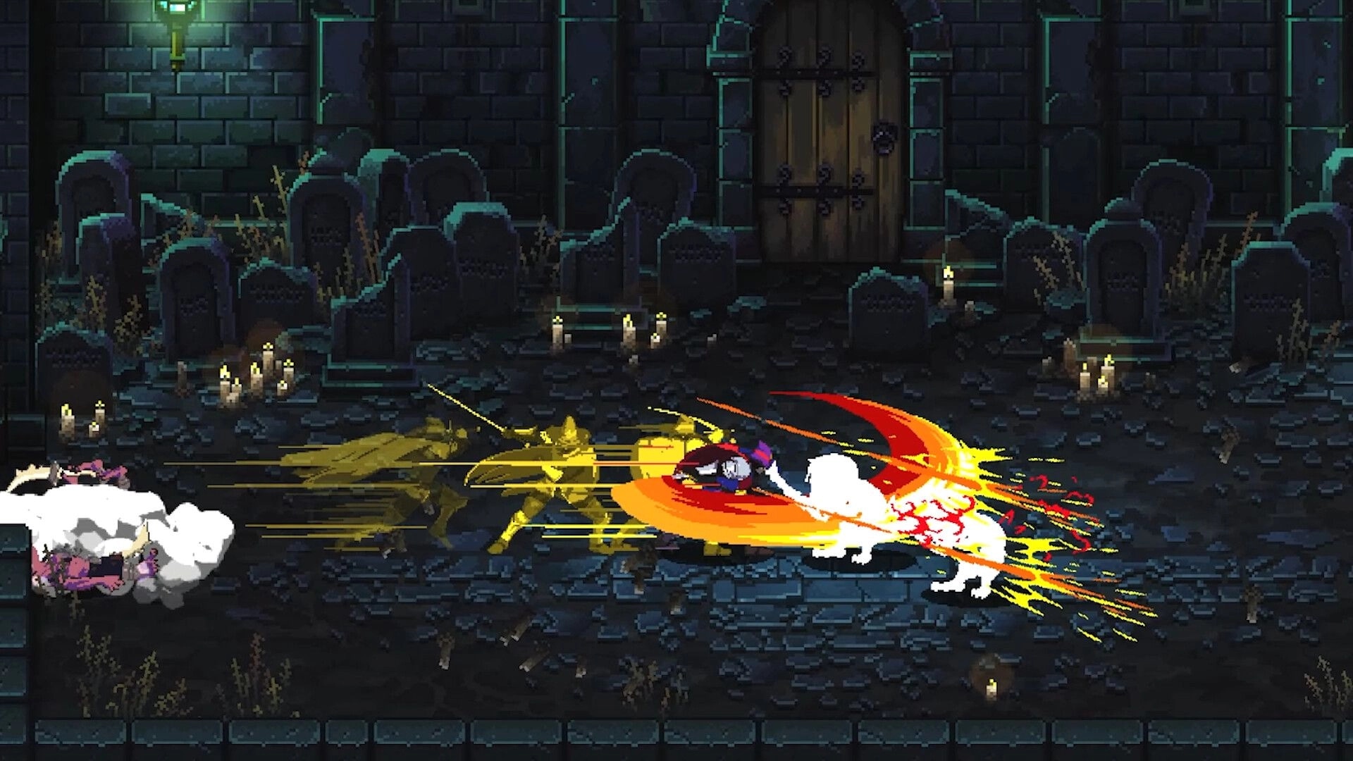 Ghost Vanguard: Swordfighter dashes with fiery slash trail through candlelit graveyard before a gate.